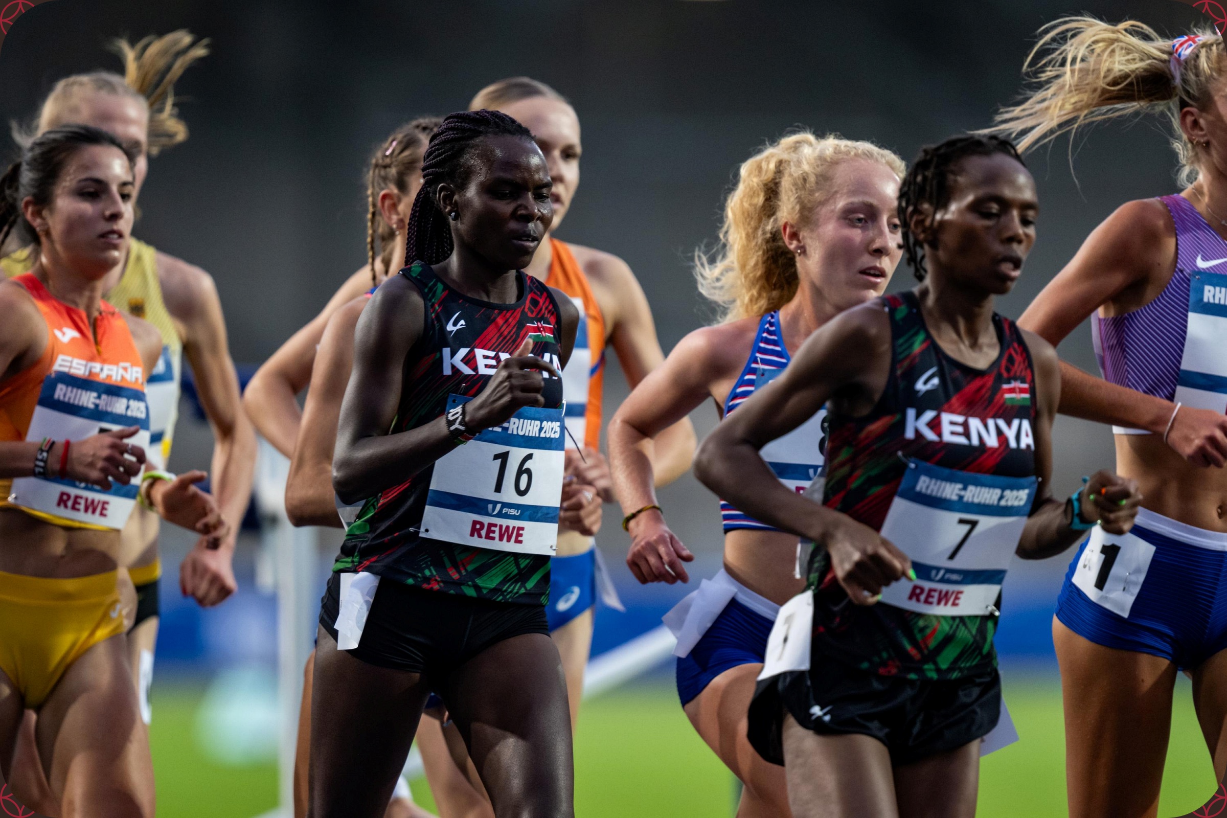 Kenyans Judy Jepkoech Kosgei (16) and Sarah Wanjiru Njeri (7) leading the field during the Women's 5,000m Final at the Rhine-Ruhr 2025 FISU Games in Bochum on Saturday 26/07/2025 | Photo credit: Kevin Voigt / Rhine-Ruhr 2025