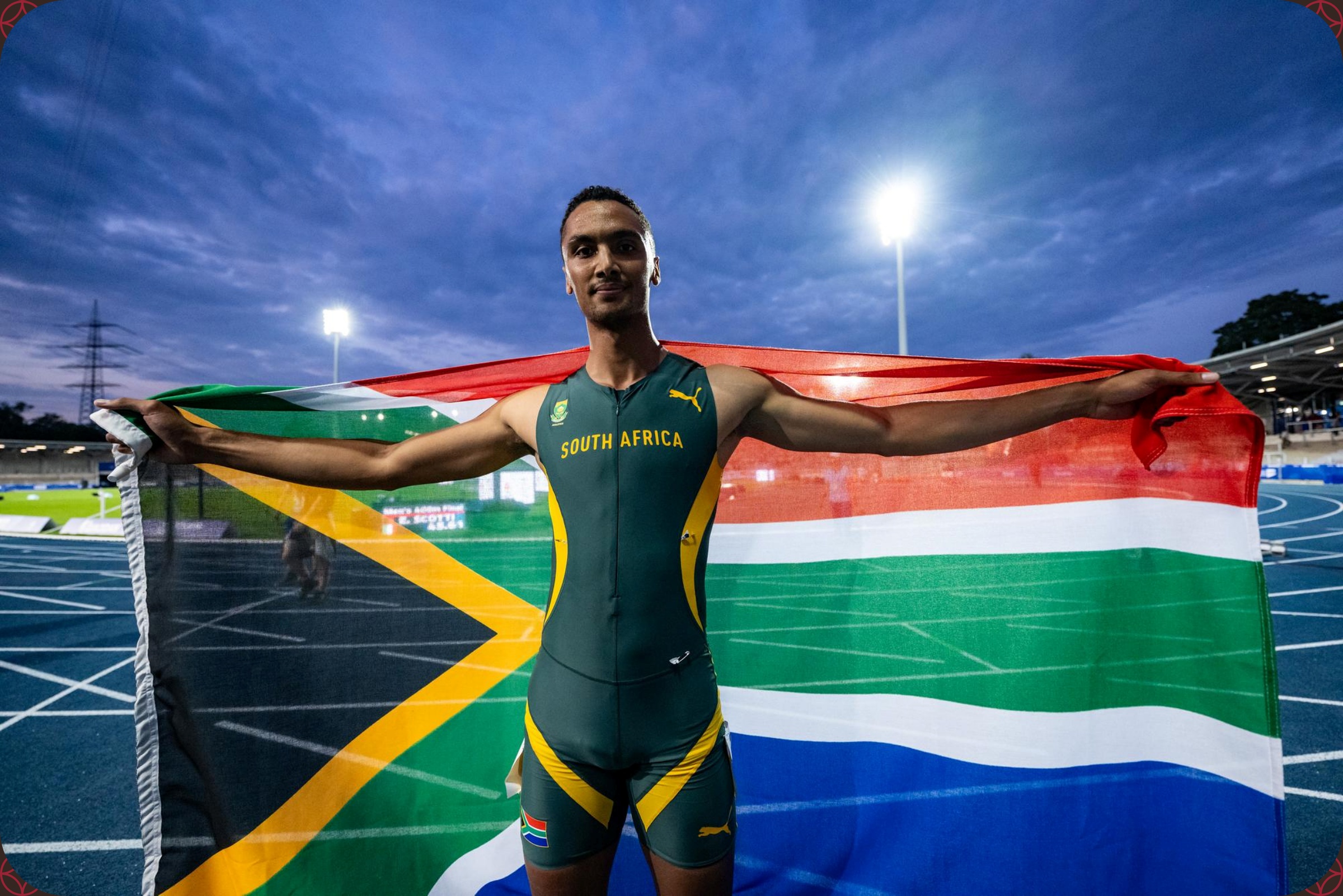 Lythe Tyresse Pillay of South Africa celebrates winning the Men's 400m Final at the Rhine-Ruhr 2025 FISU Games in Bochum on Wednesday 23/07/2025 | Photo credit: Kevin Voigt / Rhine-Ruhr 2025