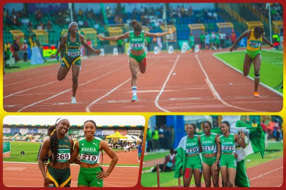 Nigeria's Miracle Ezechukwu (210) in 11.88, Rosemary Chigozie Nwankwo (227) in 11.96 and Miriam Adefunke Jegede (217) in 12.20 takes the podium, with South Africa's Oluchi Abelwe Ndubueze (269) fourth with 12.29 in the Women’s U18 100m Final at 3rd CAA Combined African U18/U20 Championships in Abeokuta, Nigeria from 16-20 July, 2025 / Photo: AFN Media Hub for AthleticsAfrica