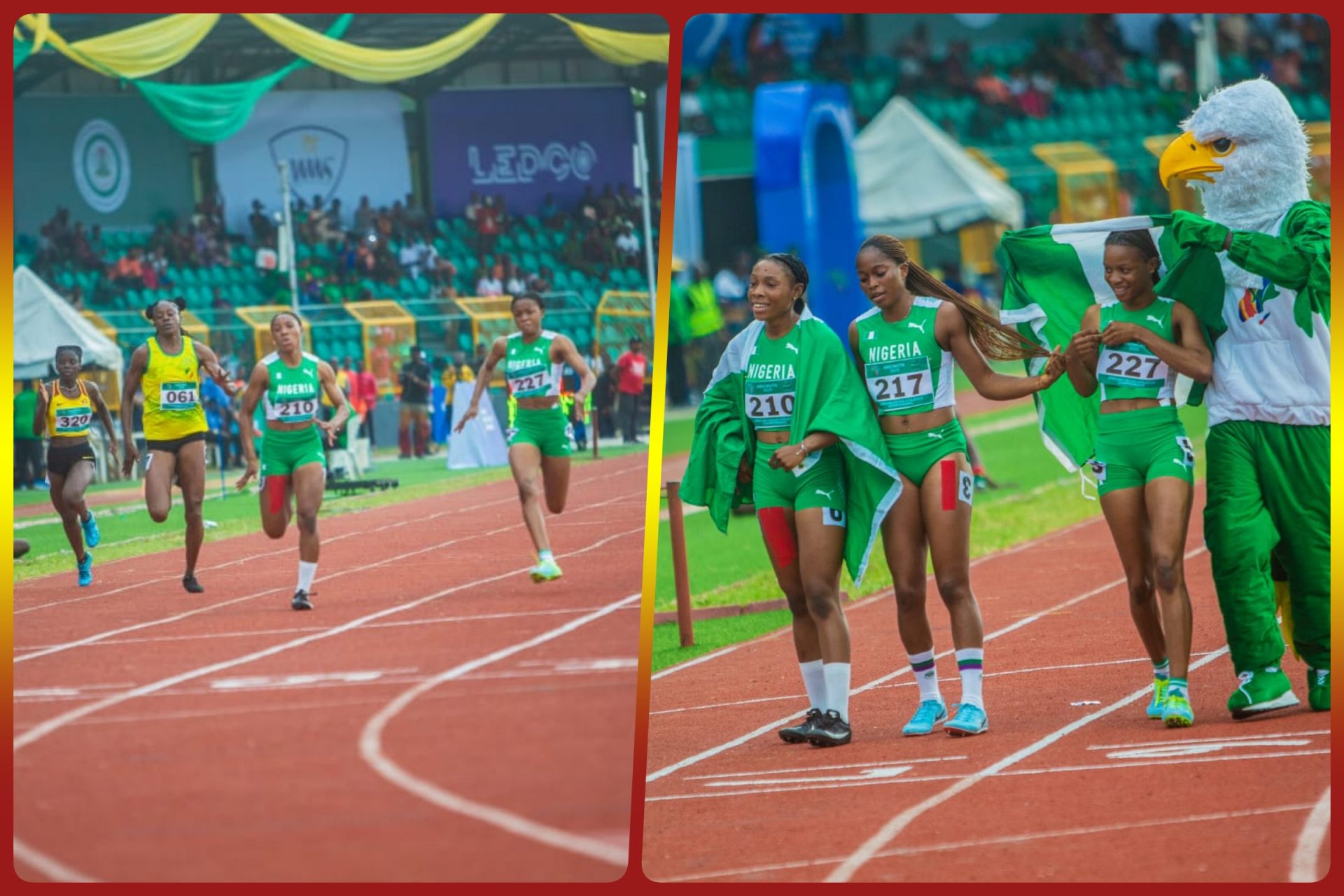 Nigeria Sweep in Women's U18 100m Final: Gold medallist Miracle Ezechukwu (210), Silver medallist Rosemary Chigozie Nwankwo (227), and Bronze medallist Miriam Adefunke Jegede (217) celebrates their podium finish at the 3rd CAA Combined African U18/U20 Championships in Abeokuta, Nigeria from 16-20 July, 2025 / Photo: AFN Media Hub for AthleticsAfrica