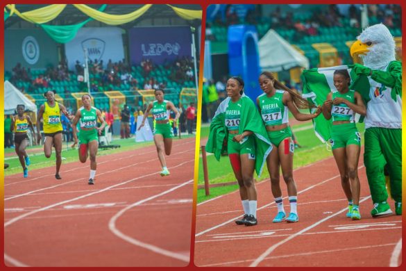 Nigeria Sweep in Women's U18 100m Final: Gold medallist Miracle Ezechukwu (210), Silver medallist Rosemary Chigozie Nwankwo (227), and Bronze medallist Miriam Adefunke Jegede (217) celebrates their podium finish at the 3rd CAA Combined African U18/U20 Championships in Abeokuta, Nigeria from 16-20 July, 2025 / Photo: AFN Media Hub for AthleticsAfrica