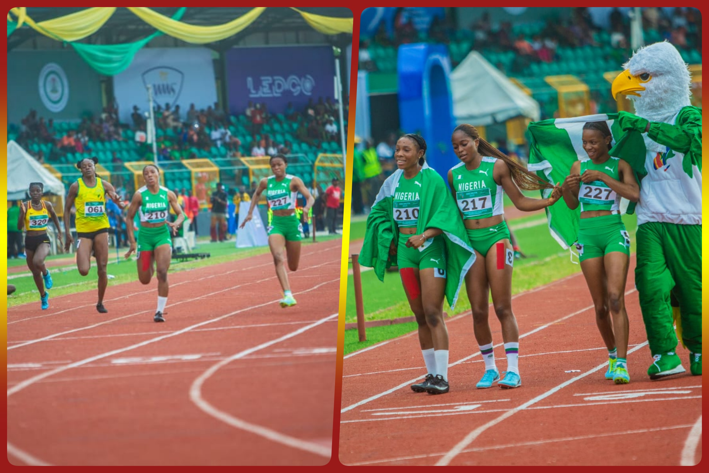 Nigeria Sweep in Women's U18 100m Final: Gold medallist Miracle Ezechukwu (210), Silver medallist Rosemary Chigozie Nwankwo (227), and Bronze medallist Miriam Adefunke Jegede (217) celebrates their podium finish at the 3rd CAA Combined African U18/U20 Championships in Abeokuta, Nigeria from 16-20 July, 2025 / Photo: AFN Media Hub for AthleticsAfrica