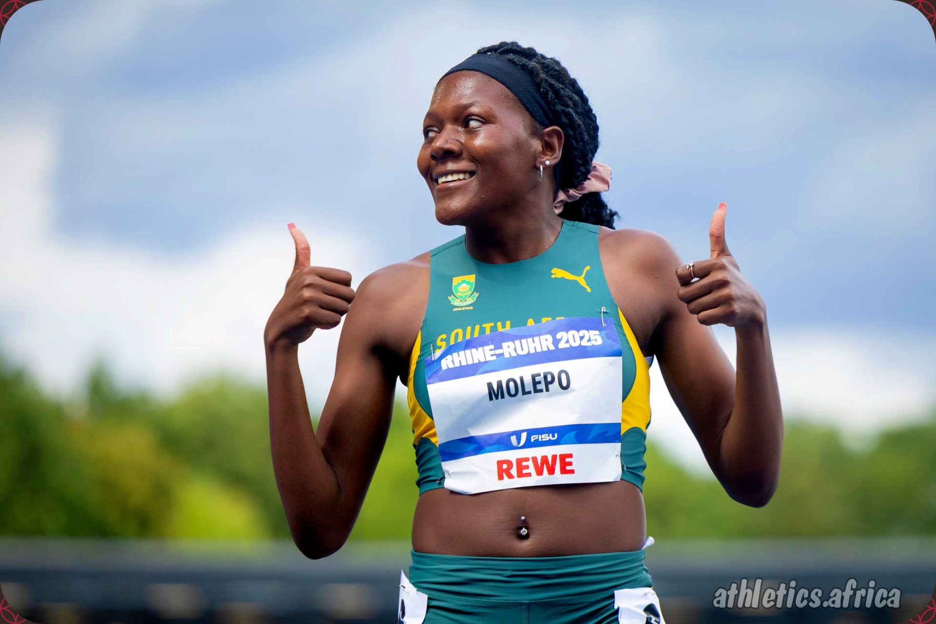 Precious Molepo of South Africa celebrates after running in the Women's 400m Round 1 at the Rhine-Ruhr 2025 FISU Games in Bochum on Monday 21/07/2025 | Photo credit: Iris van den Broek / Rhine-Ruhr 2025
