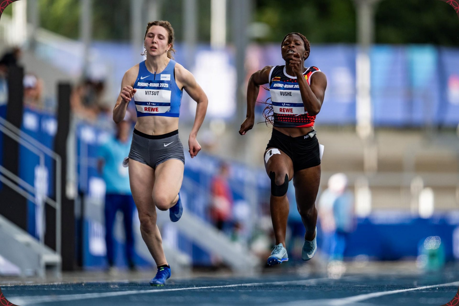 Rutendo Vushe of Zimbabwe racing in the Women's 100m Round 1 at the Rhine-Ruhr 2025 FISU Games in Bochum on Monday 21/07/2025 | Photo credit: Kevin Voigt / Rhine-Ruhr 2025