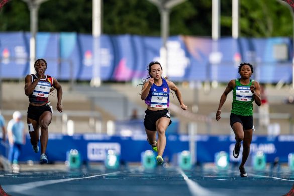 Taofikat Morenikeji Sulaimon of Nigeria and Rutendo Vushe of Zimbabwe competing in the Women's 100m Round 1 at the Rhine-Ruhr 2025 FISU Games in Bochum on Monday 21/07/2025 | Photo credit: Kevin Voigt / Rhine-Ruhr 2025