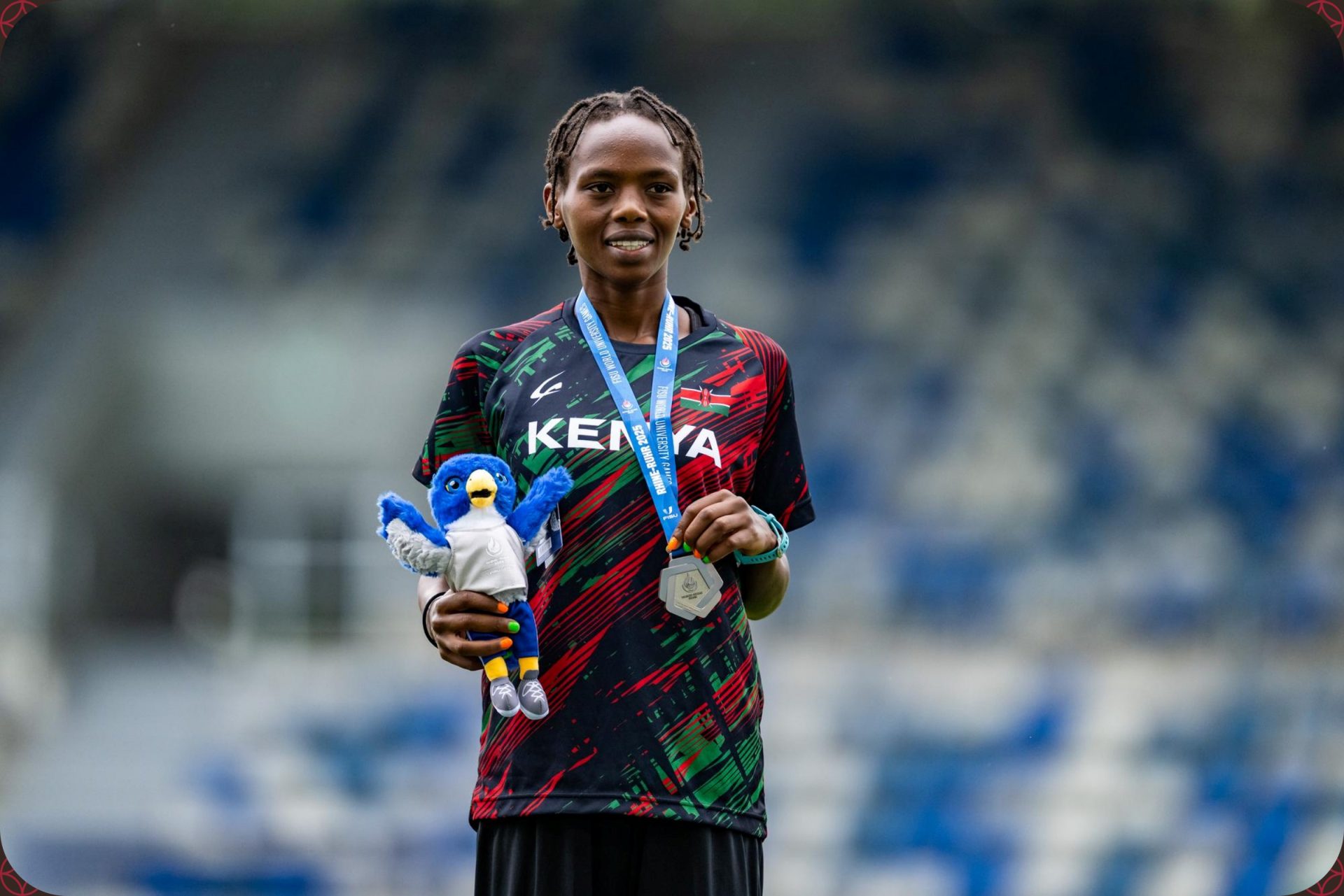 Sarah Wanjiru Njeri of Kenya displays her Silver medal in the Women's 10,000m Final during the medal ceremony at the Rhine-Ruhr 2025 FISU Games in Bochum on Tuesday 22/07/2025 | Photo credit: Kevin Voigt / Rhine-Ruhr 2025