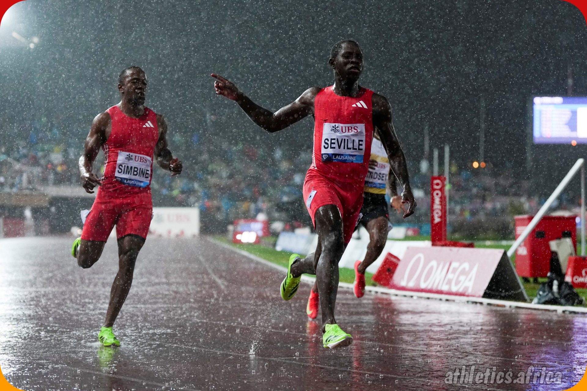Oblique Seville (JAM) wins the Men’s 100m with a time of 9.87 with Akani Simbine (RSA) in fourth with 10.05 at the 50th Athletissima, part of the Wanda Diamond League, on Wednesday August 20, 2025 in Lausanne, Switzerland / Photo: Chiara Montesano for Diamond League AG
