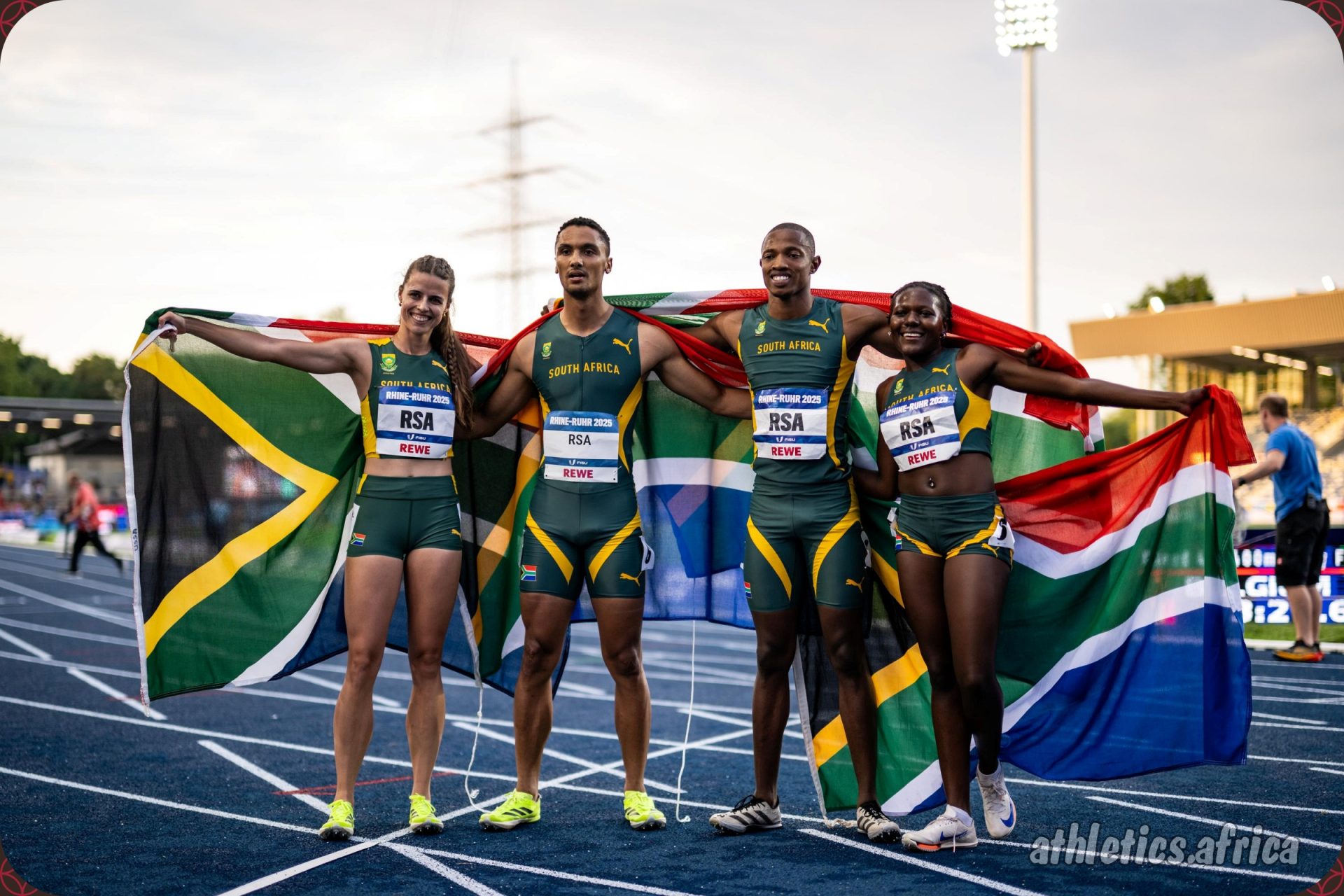 Silver medallist Team South Africa - Mthi Lukas Mthimkulu, Precious Molepo, Lythe Pillay, and Marlie Viljoen - after the Mixed 4 x 400m Relay Final at the Rhine-Ruhr 2025 FISU Games in Bochum on Thursday 24/07/2025 | Photo credit: Kevin Voigt / Rhine-Ruhr 2025