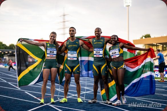 Silver medallist Team South Africa - Mthi Lukas Mthimkulu, Precious Molepo, Lythe Pillay, and Marlie Viljoen - after the Mixed 4 x 400m Relay Final at the Rhine-Ruhr 2025 FISU Games in Bochum on Thursday 24/07/2025 | Photo credit: Kevin Voigt / Rhine-Ruhr 2025