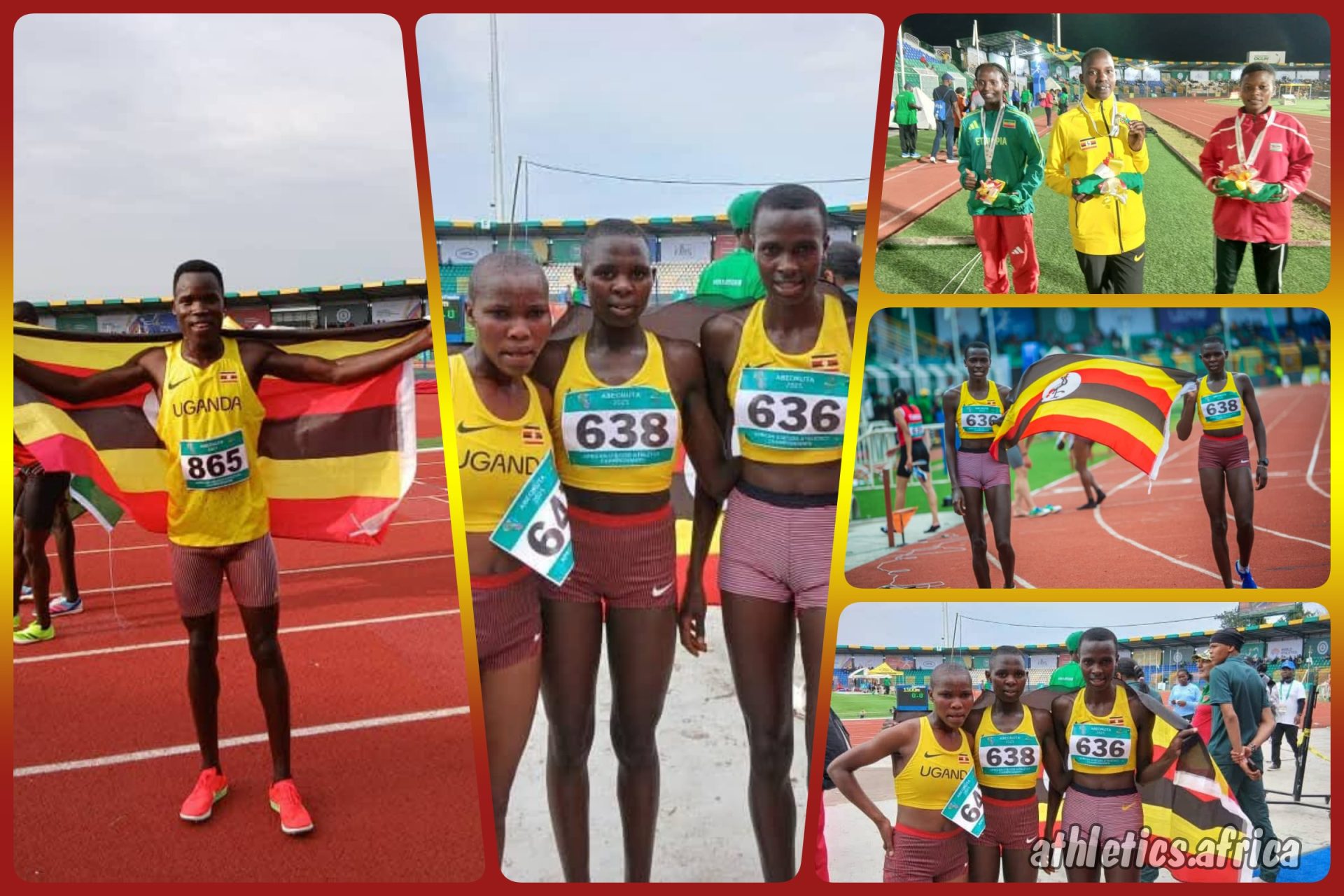 Team Uganda: U20 Women's 1500m Gold medallist Nancy Chepwurui (636), Bronze medallist Brenda Chepwemoi (638), and 10th placer Felister Chepwemoi (647), and Men's U20 10,000m champion Samuel Cherop (865) at the 3rd CAA Combined African U18/U20 Championships in Abeokuta, Nigeria from 16-20 July, 2025 / Photo: AFN Media Hub for AthleticsAfrica