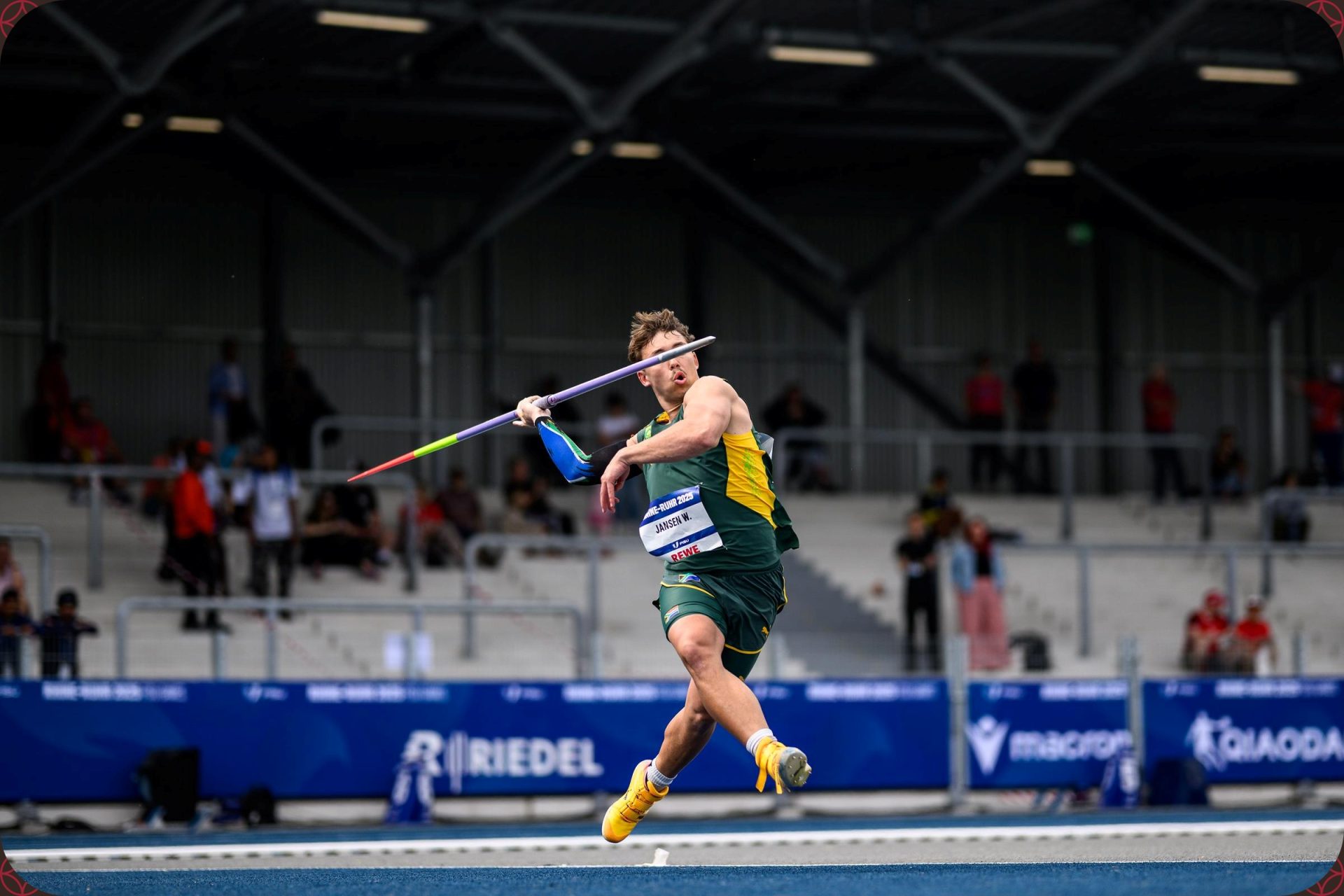 Willem Schalk Jacobus Jansen of South Africa competing in the Men's Javelin Throw Qualification at the Rhine-Ruhr 2025 FISU Games in Bochum on Thursday 24/07/2025 | Photo credit: Lukas Schulze / Rhine-Ruhr 2025