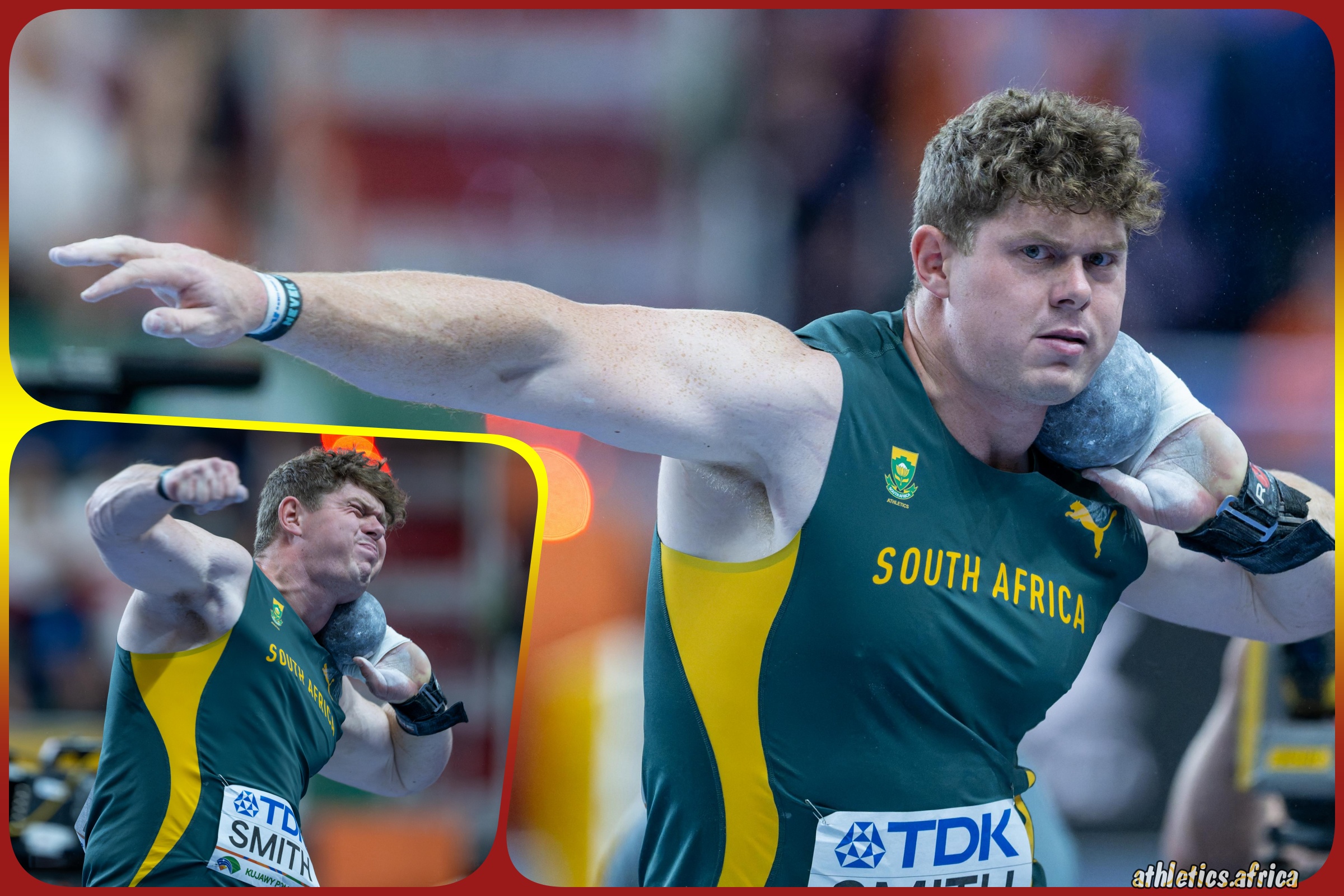 Aiden Smith of South Africa in action in the Men’s Shot Put Final on Day 3 of the World Athletics Indoor Championships Kujawy Pomorze 26 at the Kujawsko-Pomorska Arena Torun, Poland on March 22, 2026 | Photo credit: Anton Geyser / Athletics South Africa