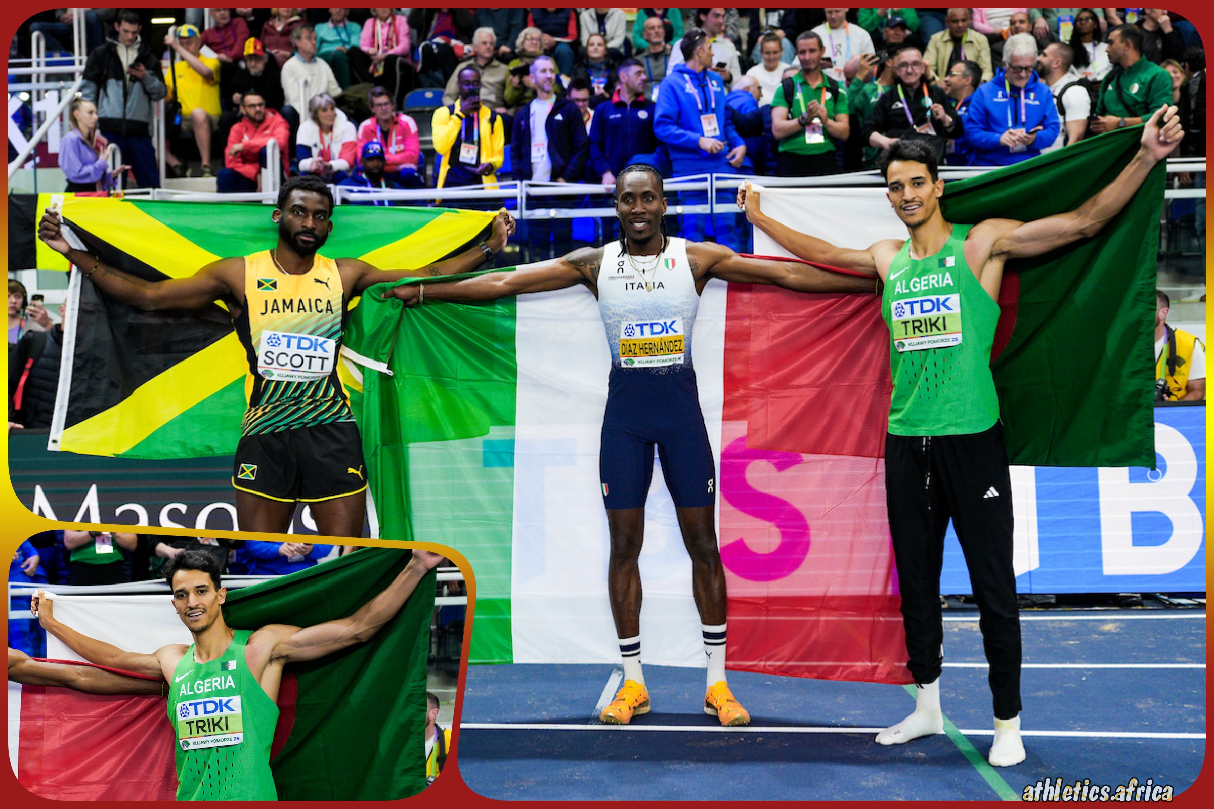 Bronze medallist Yasser Mohammed Triki of Algeria with other Men's Triple Jump medallists at the World Athletics Indoor Championships Kujawy Pomorze 26 / Photo credit: Dan Vernon for World Athletics