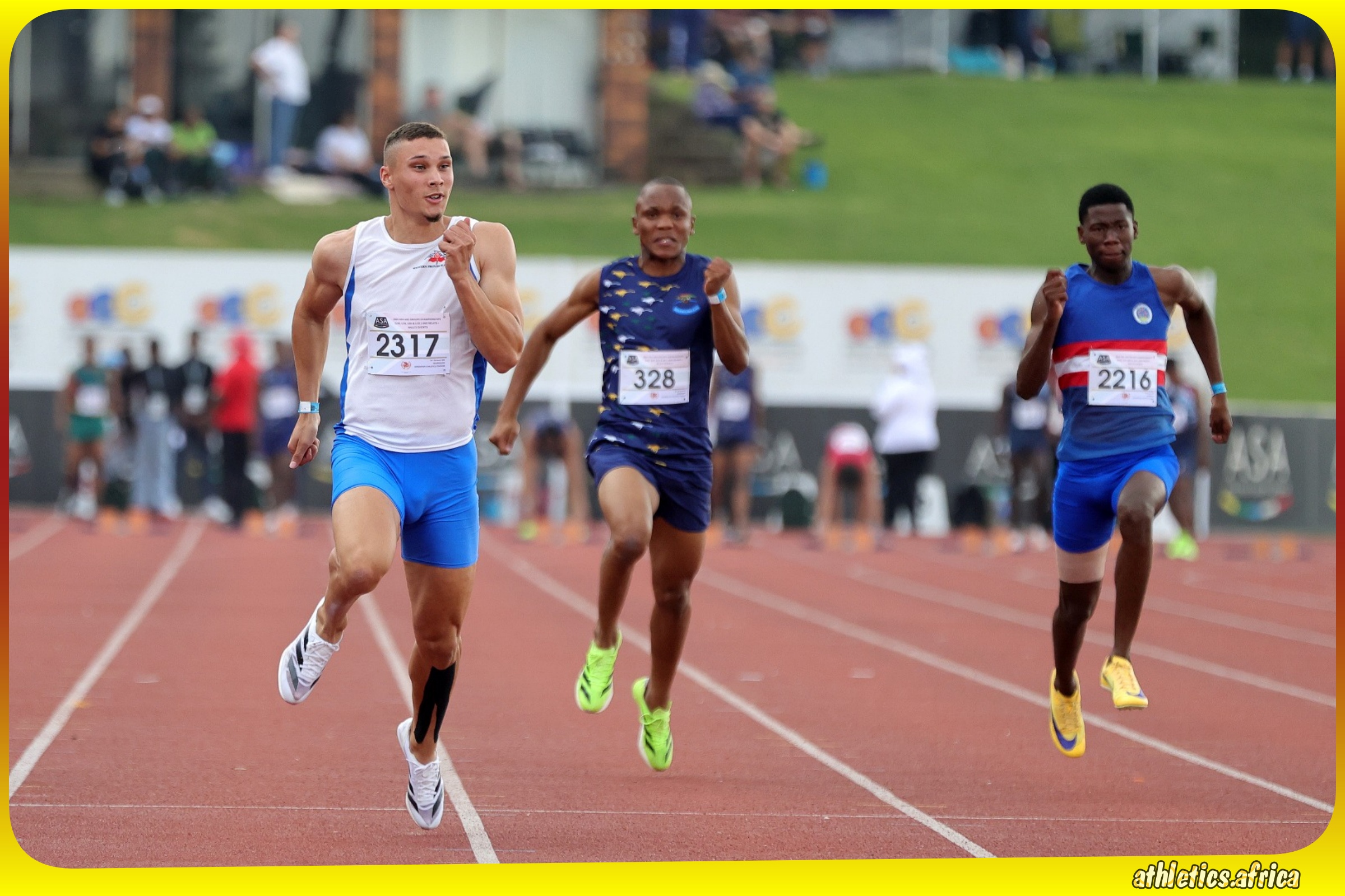 Abduraghmaan Karriem wins his Heat in the Men's U23 100m during the ASA Age Group Championships from 26-28 March, 2026 at the Germiston Athletics Stadium in Ekurhuleni / Photo credit: Athletics South Africa