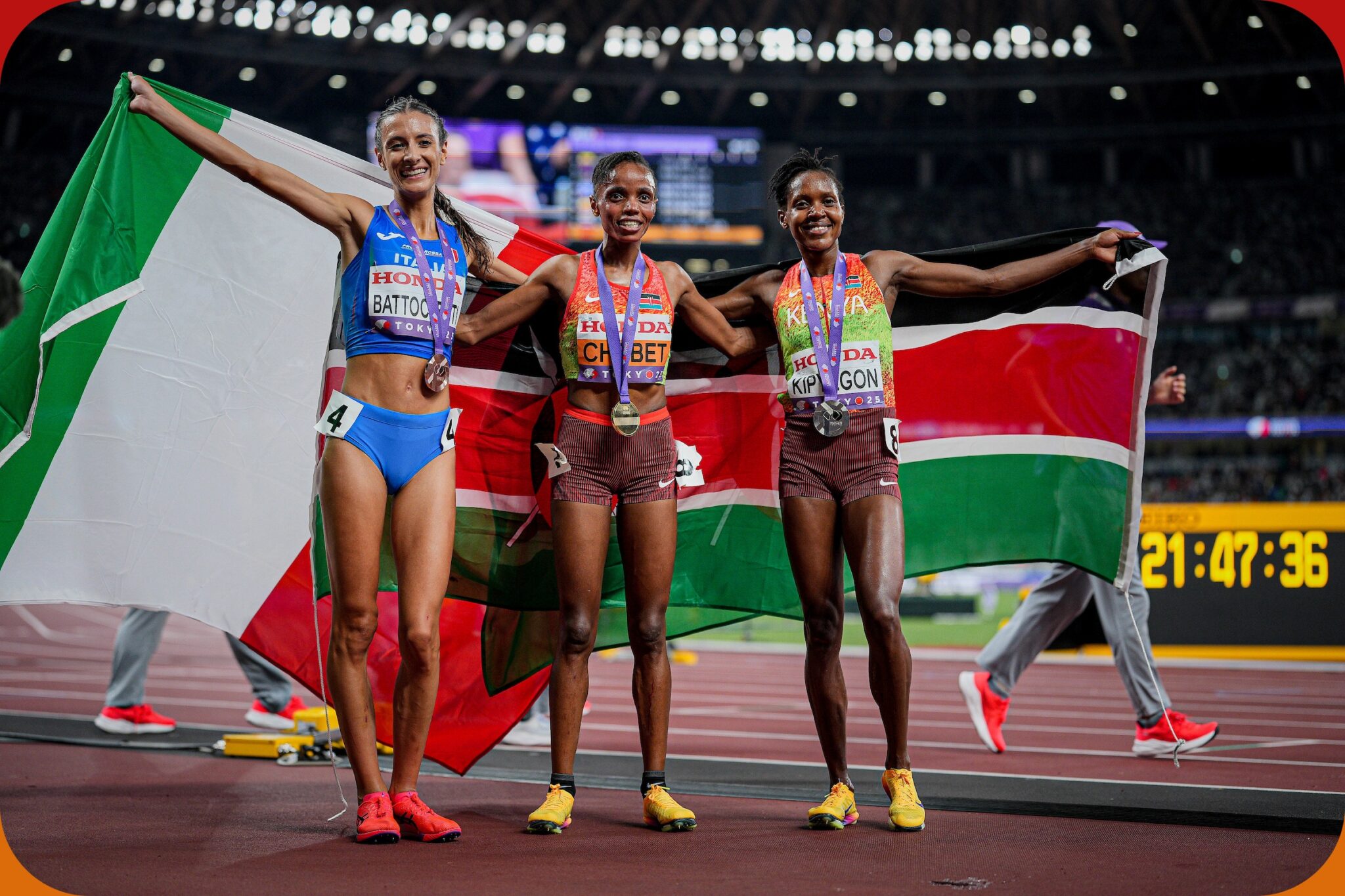 Faith Kipyegon, Beatrice Chebet and Nadia Battocletti after the women's 5000m final at the World Athletics Championships Tokyo 25 / Photo credit: Dan Vernon for World Athletics
