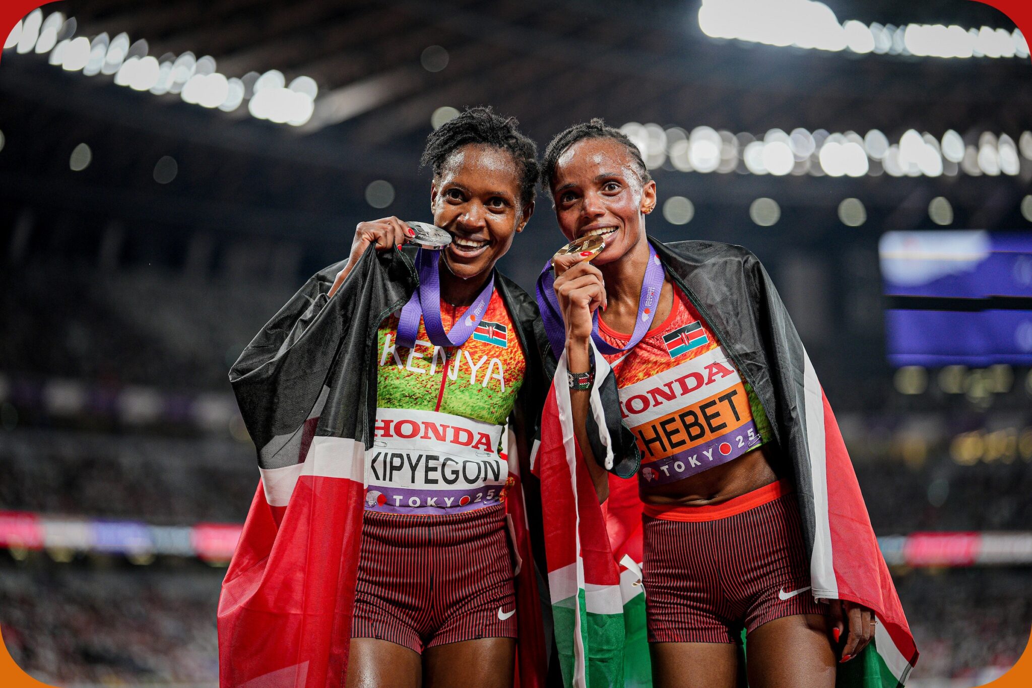 Faith Kipyegon and Beatrice Chebet after the women's 5000m final at the World Athletics Championships Tokyo 25 / Photo credit: Dan Vernon for World Athletics