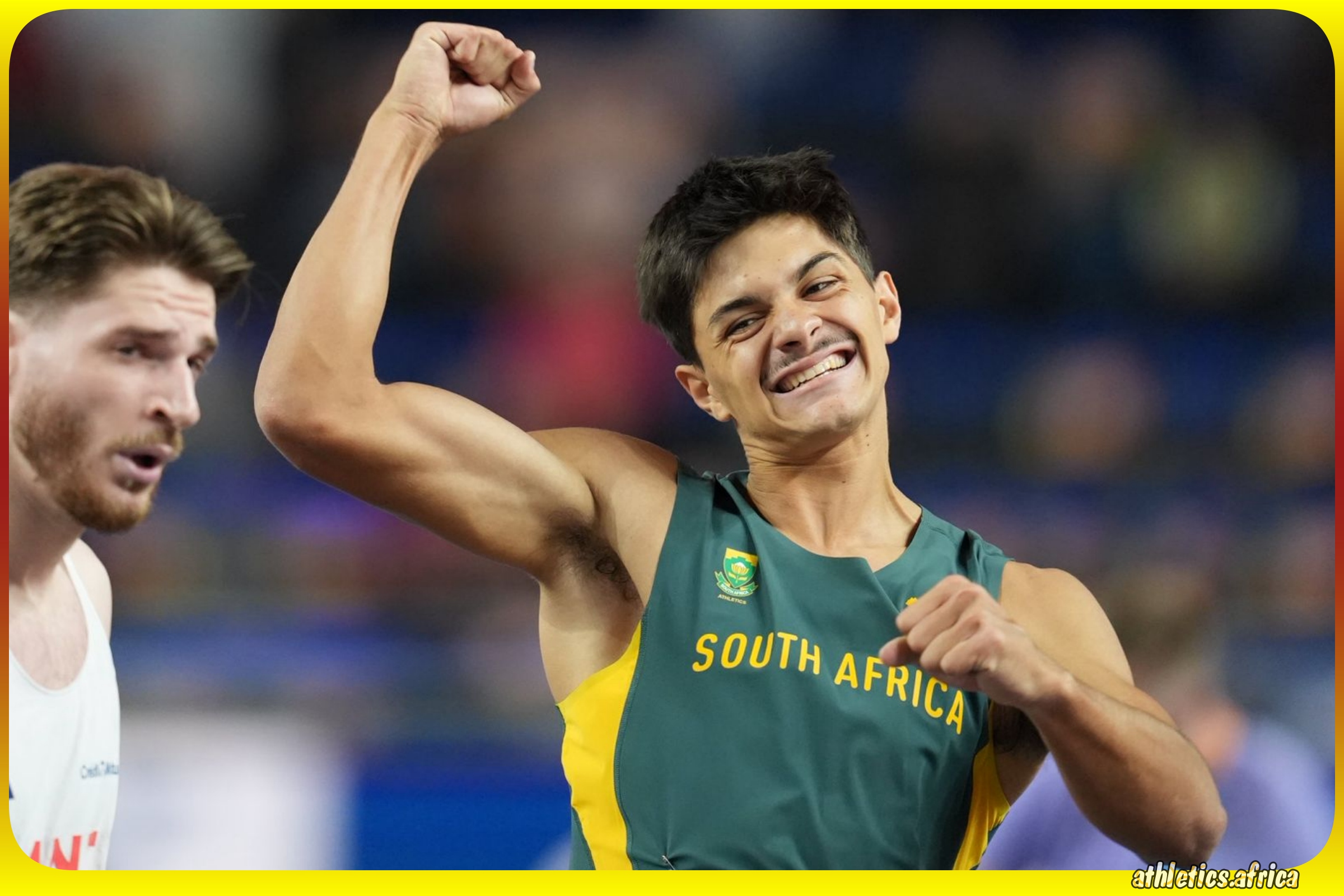 Franco Le Roux of South Africa reacts after competing in the Mens 60m Hurdles Heats during the World Athletics Indoor Championships Kujawy Pomorze 26 at the Kujawsko-Pomorska Arena Torun, Poland on March 21, 2026 | Photo credit: Nic Bothma / Athletics South Africa
