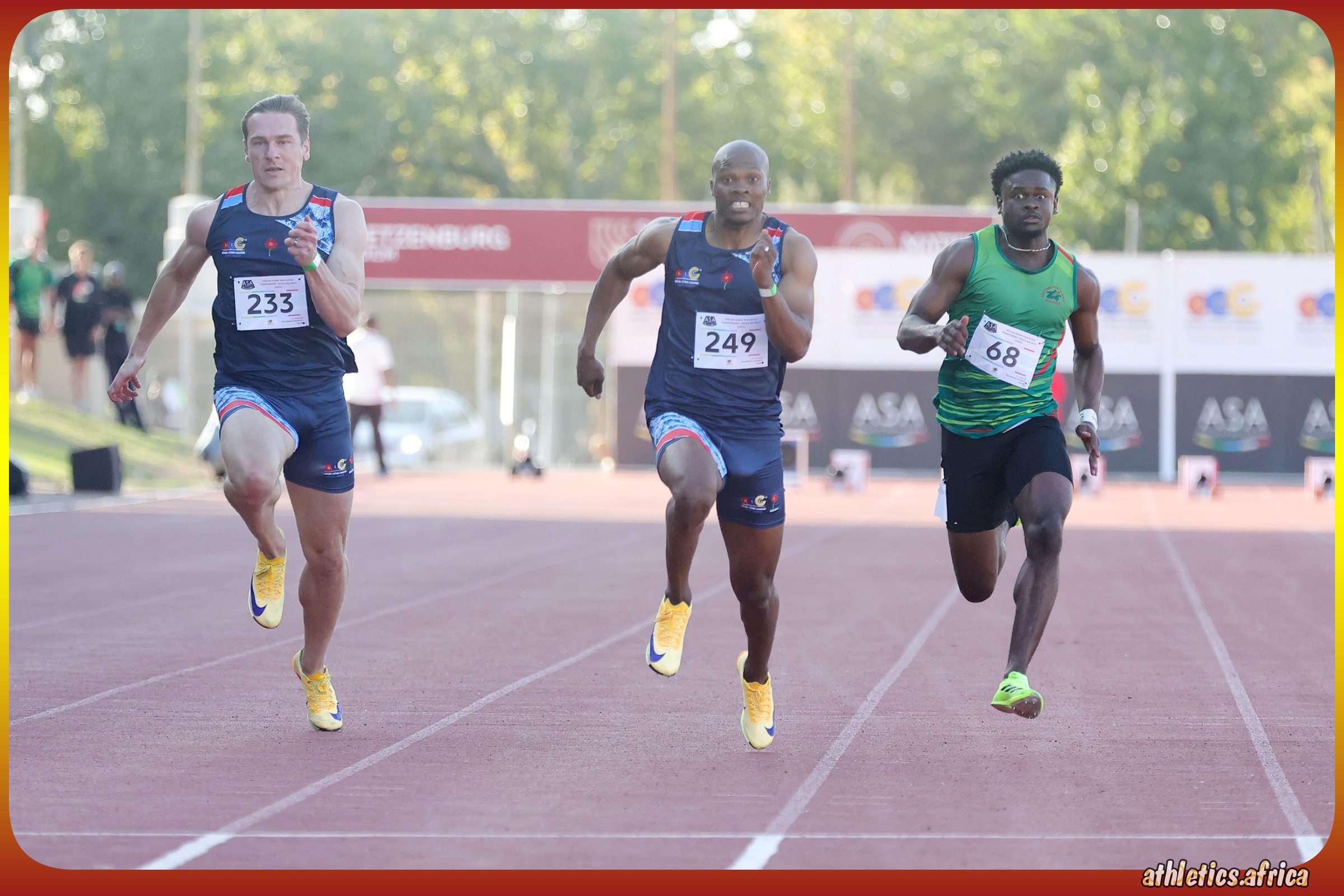 Gift Leotlela winning the Men's 100m Final on Day 1 of ASA Senior Track and Field Championships at Coetzenburg Athletics Stadium in Stellenbosch on 16 April 2026 / Photo: Cecilia van Bers / Athletics South Africa