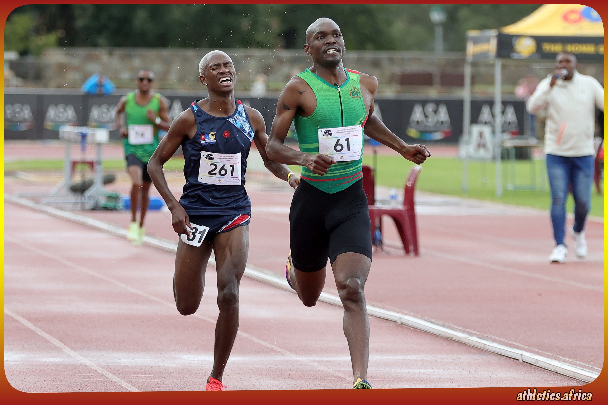 Jerry Motsau (61) winning the Men's 5000m Final ahead of Musawenkosi Mnisi (261) during the final day of the ASA Senior Track and Field Championships at Coetzenburg Athletics Stadium in Stellenbosch, South Africa on 18 April 2026 | Photo: Cecilia van Bers / Athletics South Africa