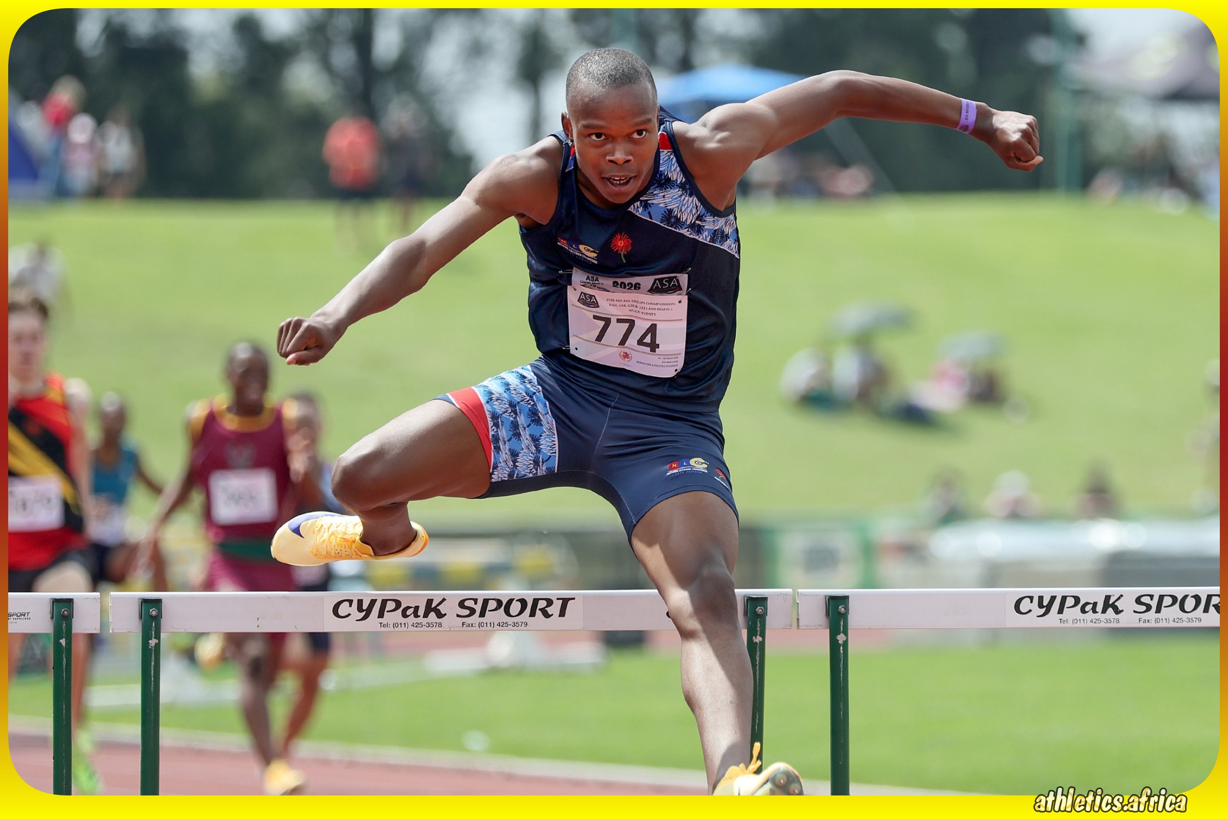 Matodzi Ndou scales the final barrier to win the Men's U20 400m Hurdles Final during the ASA Age Group Championships from 26-28 March, 2026 at the Germiston Athletics Stadium in Ekurhuleni / Photo credit: Athletics South Africa