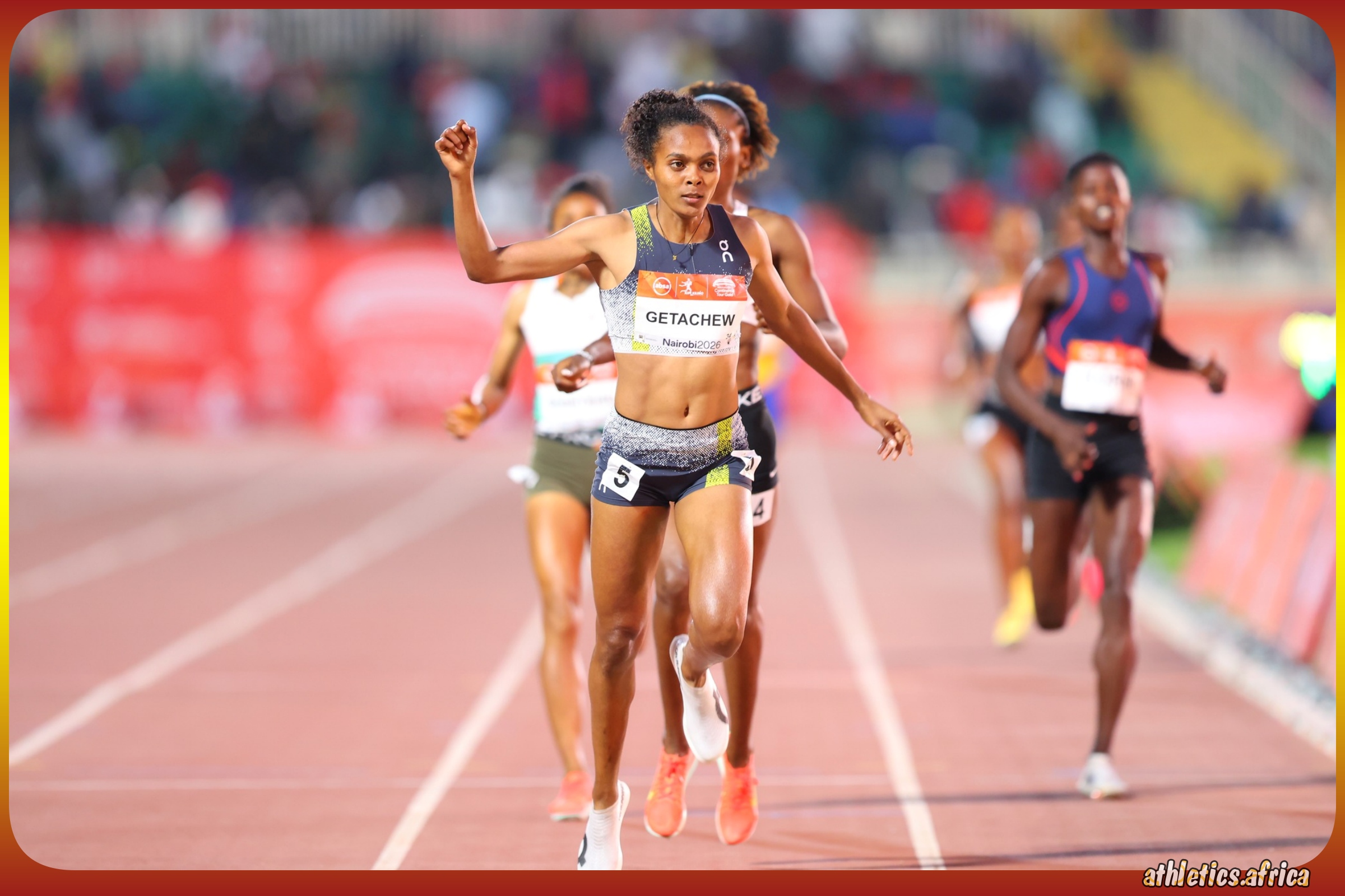Nigist Getachew of Ethiopia wins the Women's 800m in 1:58.79 at Absa Kip Keino Classic Continental Tour at the Nyayo National Stadium in Nairobi, Kenya on Friday 24 April, 2026 / Photo: Kip Keino Classic Continental Tour