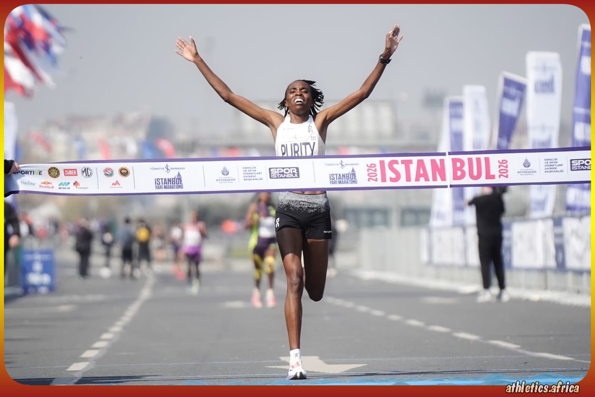 Purity Gitonga celebrates winning the women's race at the Türkiye Is Bankasi Istanbul Half Marathon 2026 / Photo credit: Spor Istanbul