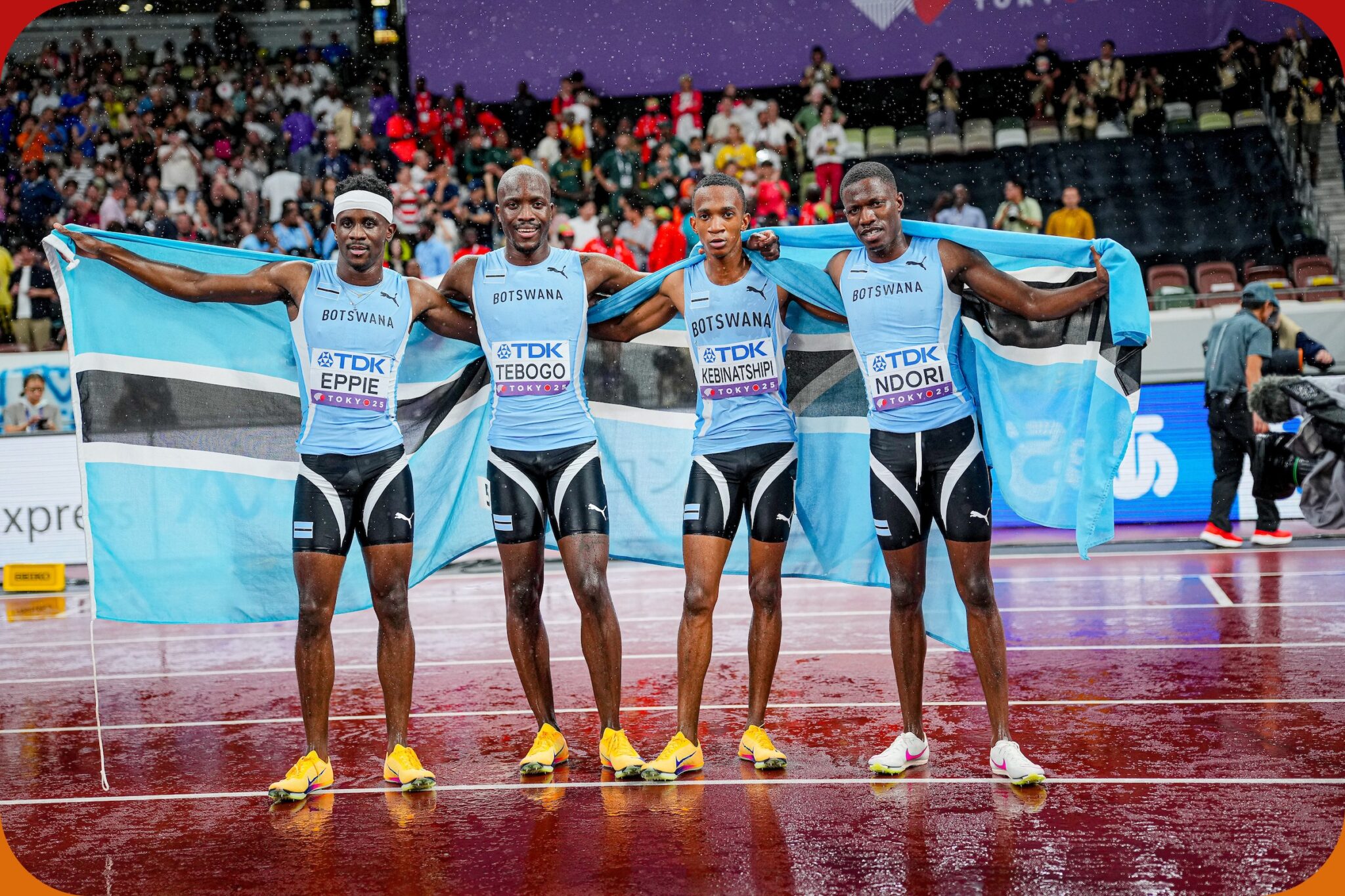 Team Botswana's - Busang Collen Kebinatshipi, Bayapo Ndori, Letsile Tebogo and Lee Bhekempilo Eppie - after the Men's 4x400m Final at the World Athletics Championships Tokyo 25 / Photo credit: Dan Vernon for World Athletics