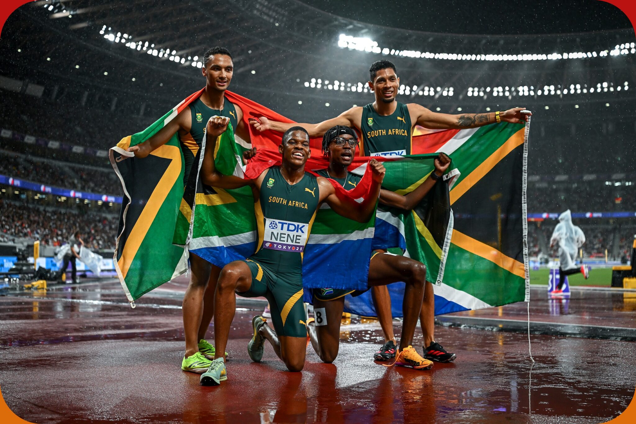 Team South Africa's - Zakithi Nene, Wayde Van Niekerk, Udeme Okon and Lythe Pillay - after the Men's 4x400m Final at the World Athletics Championships Tokyo 25 / Photo credit: Mattia Ozbot for World Athletics