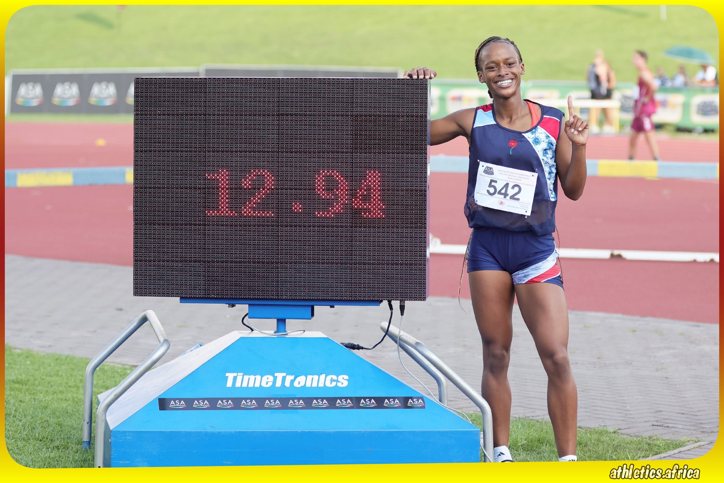 Tumi Ramokgopa with a new SA mark in her name after breaking the Women's U20 100m Hurdles Record during the ASA Age Group Championships from 26-28 March, 2026 at the Germiston Athletics Stadium in Ekurhuleni / Photo credit: Athletics South Africa