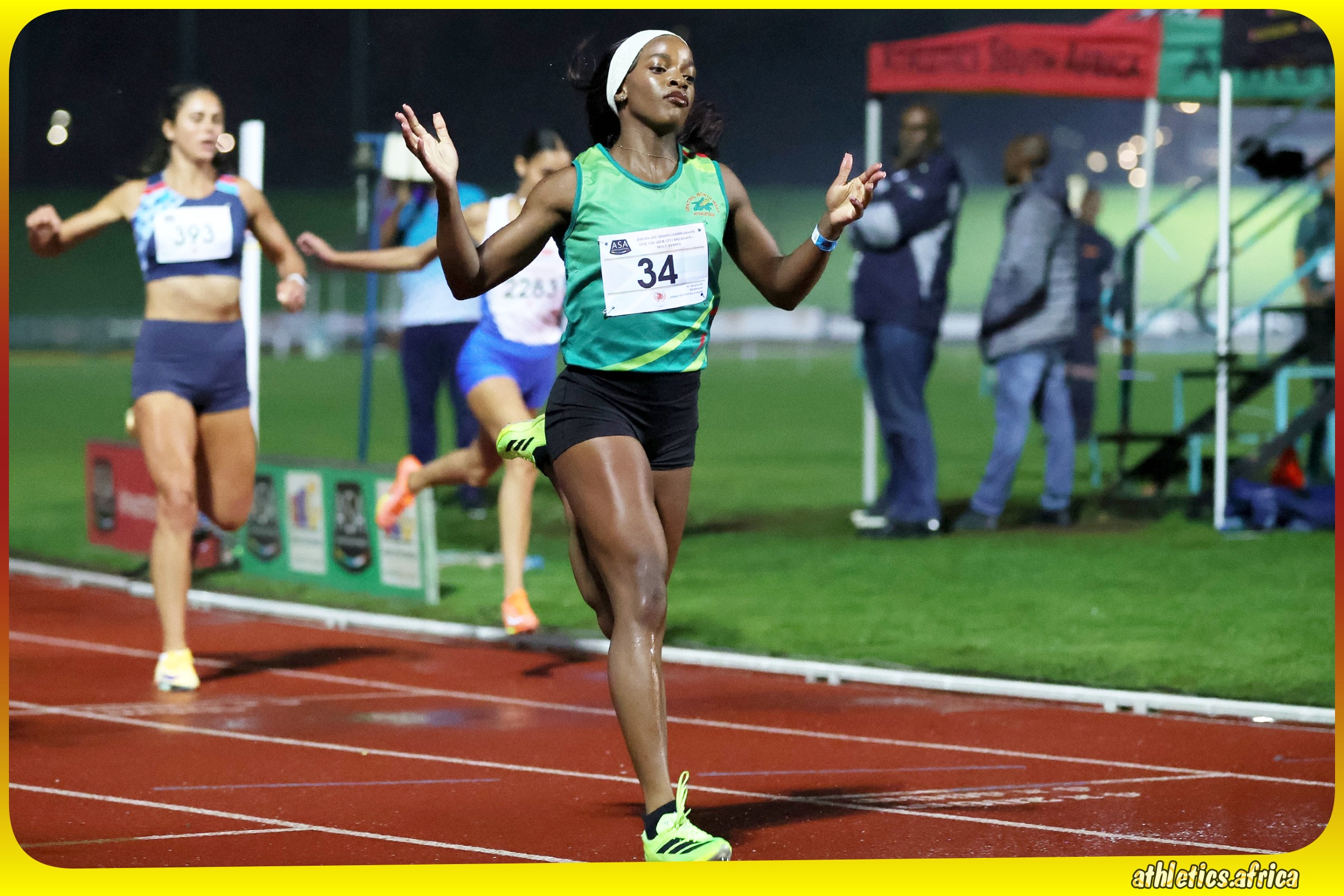 Viwe Jingqi celebrates her victory in the Women's U23 100m Final during the ASA Age Group Championships from 26-28 March, 2026 at the Germiston Athletics Stadium in Ekurhuleni / Photo credit: Athletics South Africa