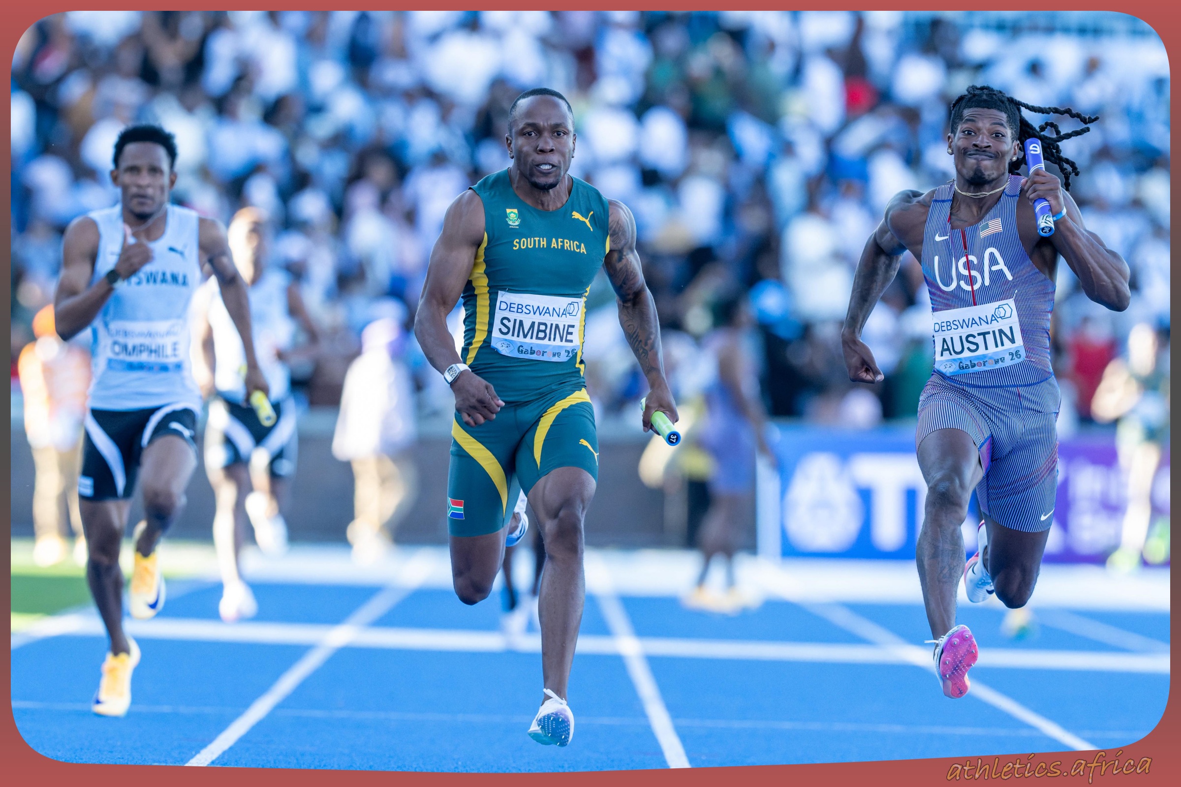 Akani Simbine of South Africa in action in the Men's 4x100 Metres Relay Final on Day 2 of the Debswana World Athletics Relays Gaborone 26 at the Botswana National Stadium in Gaborone, Botswana on May 3, 2026 / Photo credit: Anton Geyser / Athletics South Africa