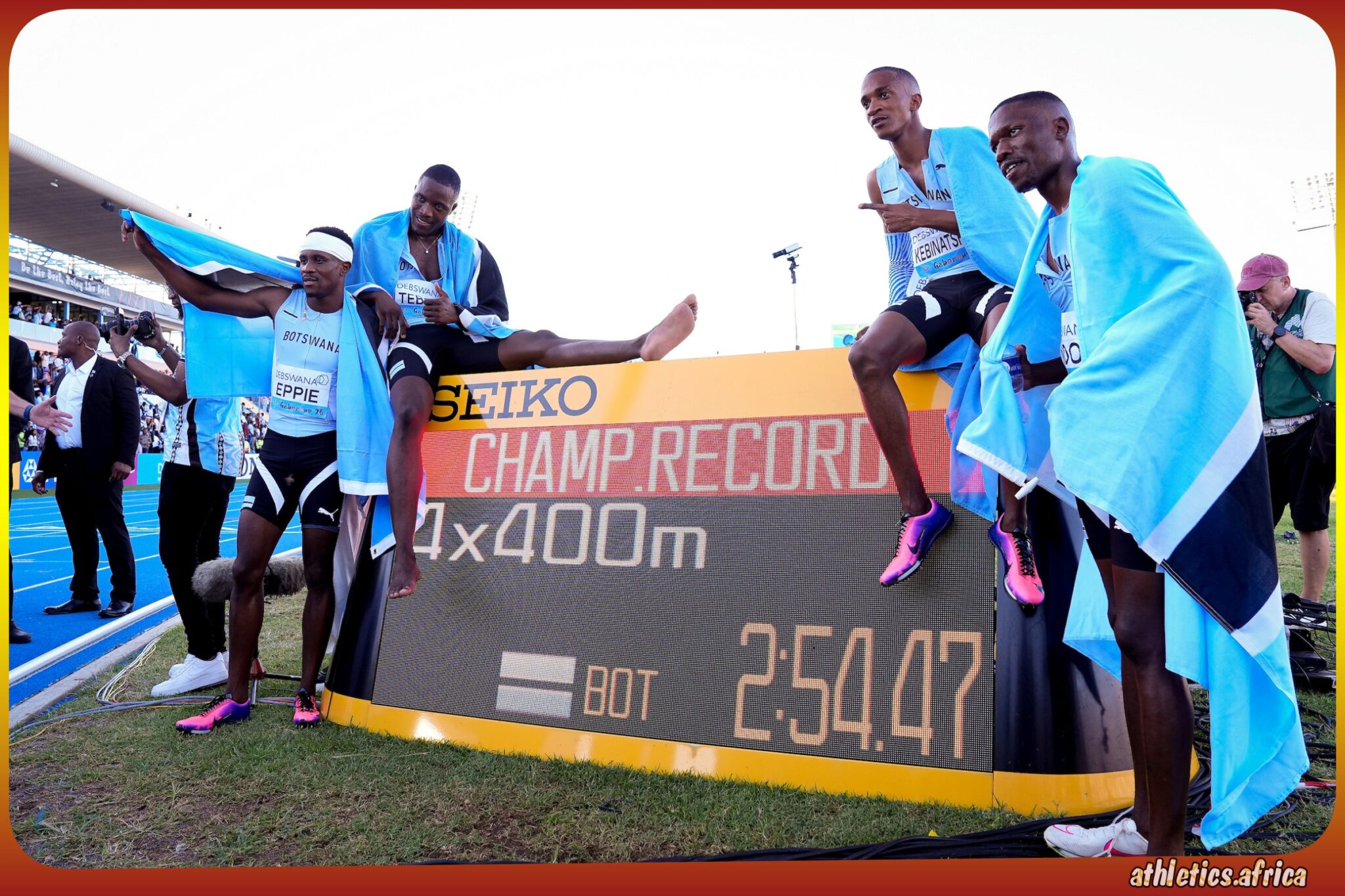 Team Botswana Men's 4x400 Metres Relay quartet after setting a Championship Record at the World Athletics Relays Gaborone 26 on May 2, 2026 in Gaborone, Botswana / Photo credit: Christel Saneh for World Athletics