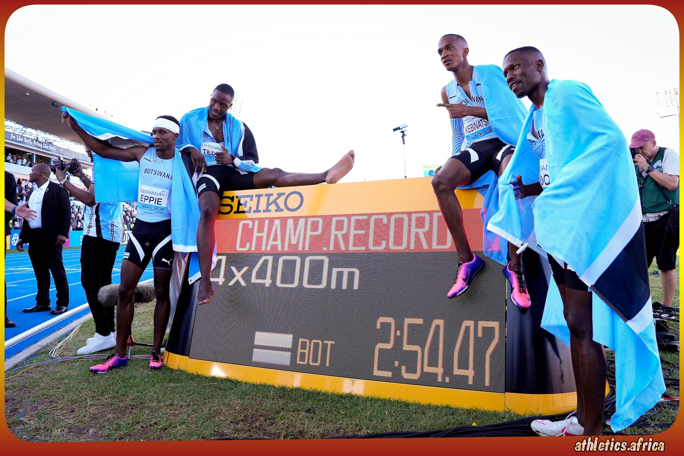 Team Botswana Men's 4x400 Metres Relay quartet after setting a Championship Record at the World Athletics Relays Gaborone 26 on May 2, 2026 in Gaborone, Botswana / Photo credit: Christel Saneh for World Athletics
