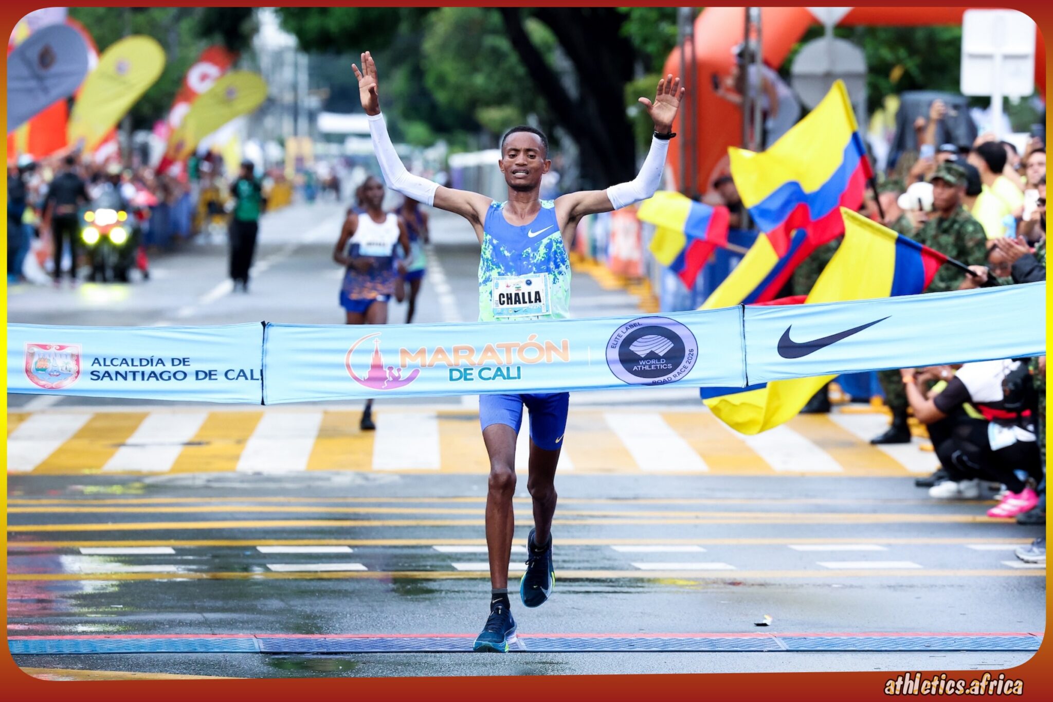 Challa Gossa of Ethiopia celebrates his victory at the Cali Marathon 2026 / Photo credit: Victah Sailer