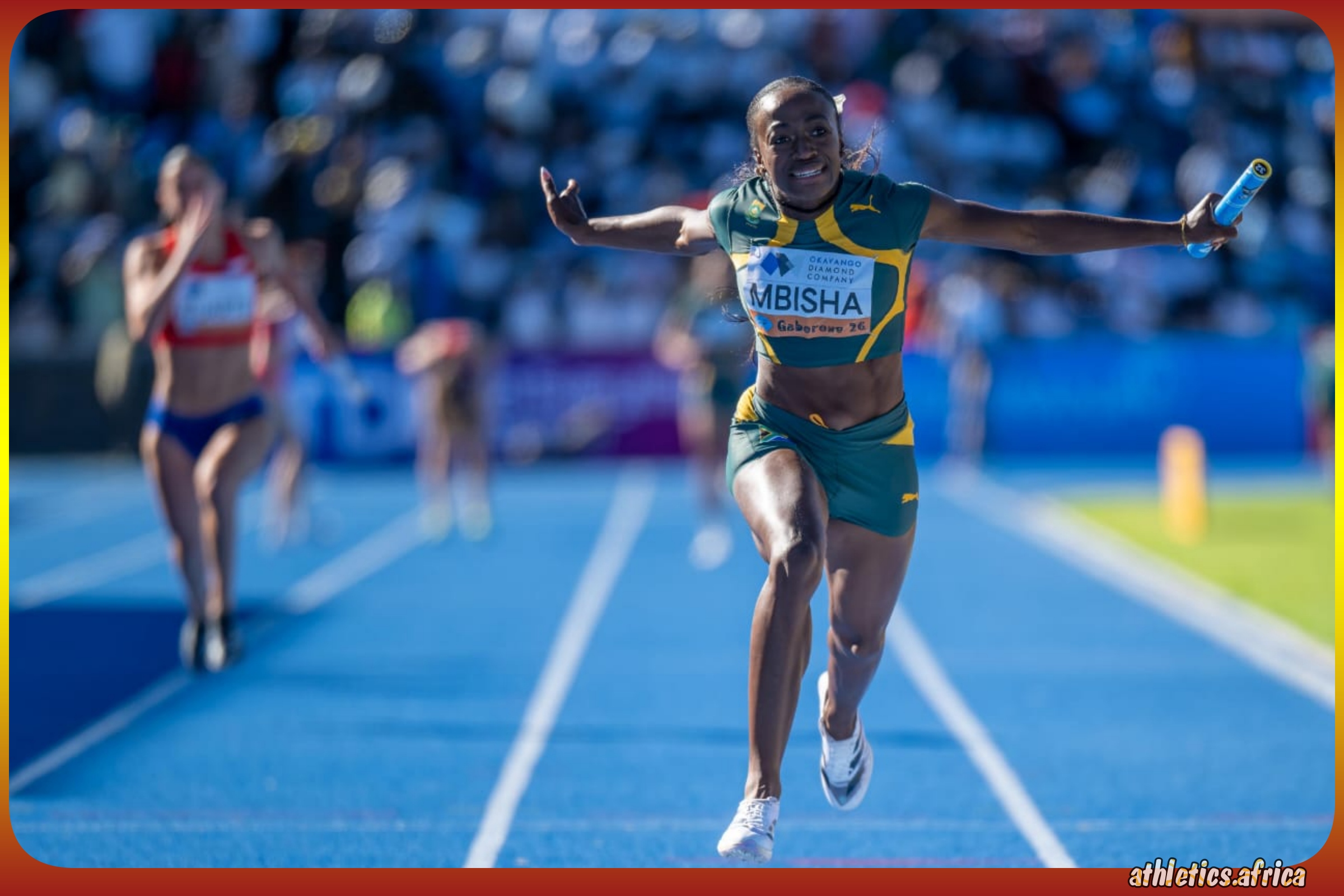 Joviale Mbisha of South Africa in action during the Women's 4x100 Metres Relay Heats on Day 1 of the Debswana World Athletics Relays Gaborone 26 in Gaborone, Botswana | Photo credits: Anton Geyser / Athletics South Africa