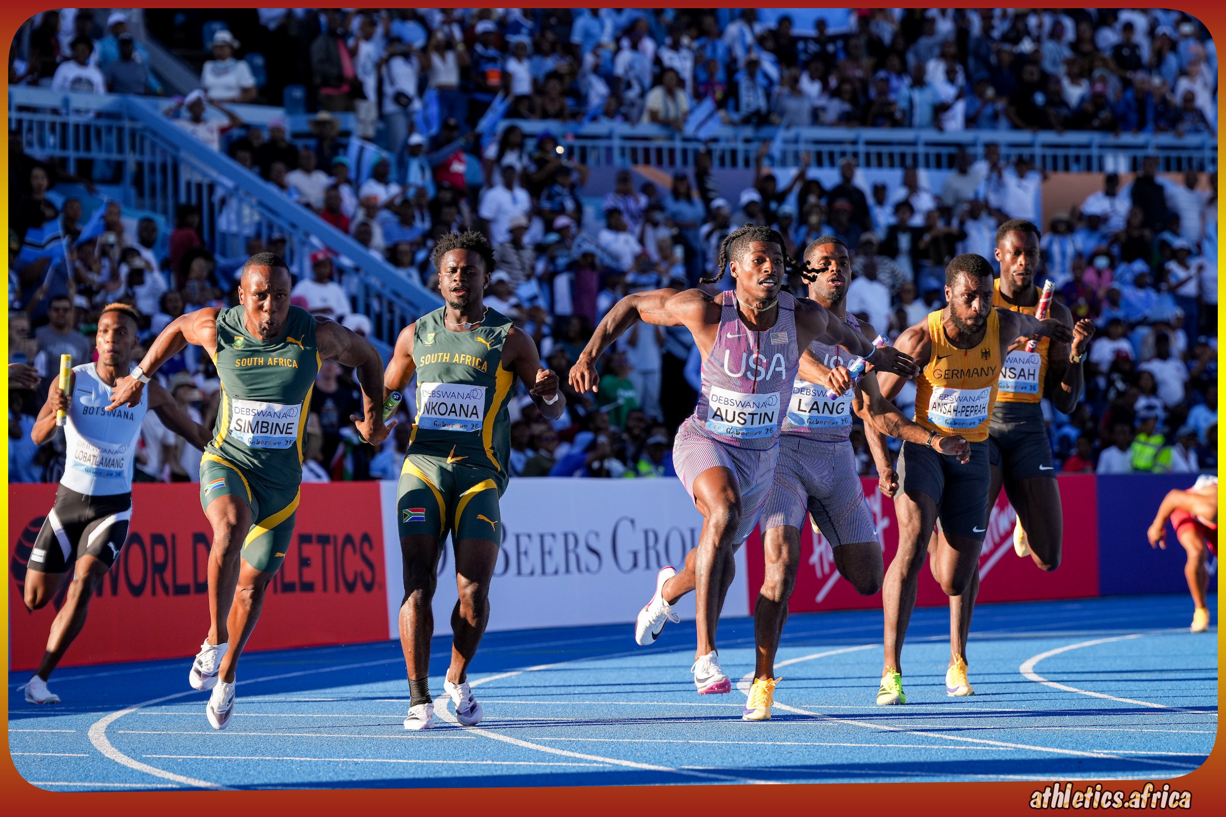 Akani Simbine anchors South Africa to Silver and African record of 37.49 in Men's 4x100m Final at the World Athletics Relays Gaborone 26 on May 2, 2026 in Gaborone, Botswana / Photo credit: Christel Saneh for World Athletics