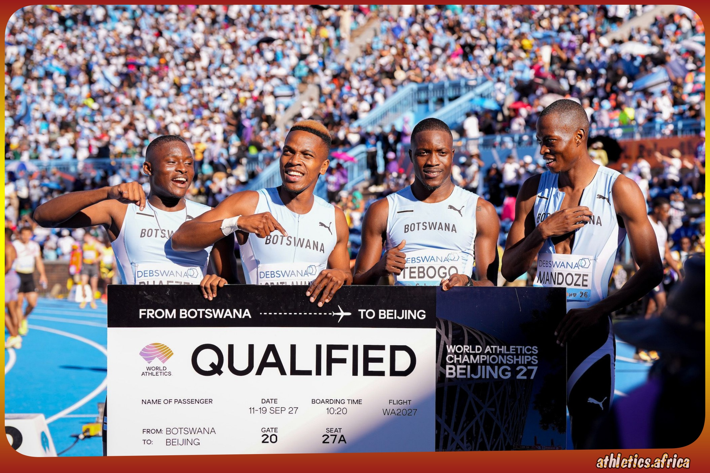Team Botswana in the Men's 4x100 Metres Relay at the Debswana World Athletics Relays Gaborone 26 on May 2, 2026 in Gaborone / Photo credits: Monirul Bhuiyan for World Athletics