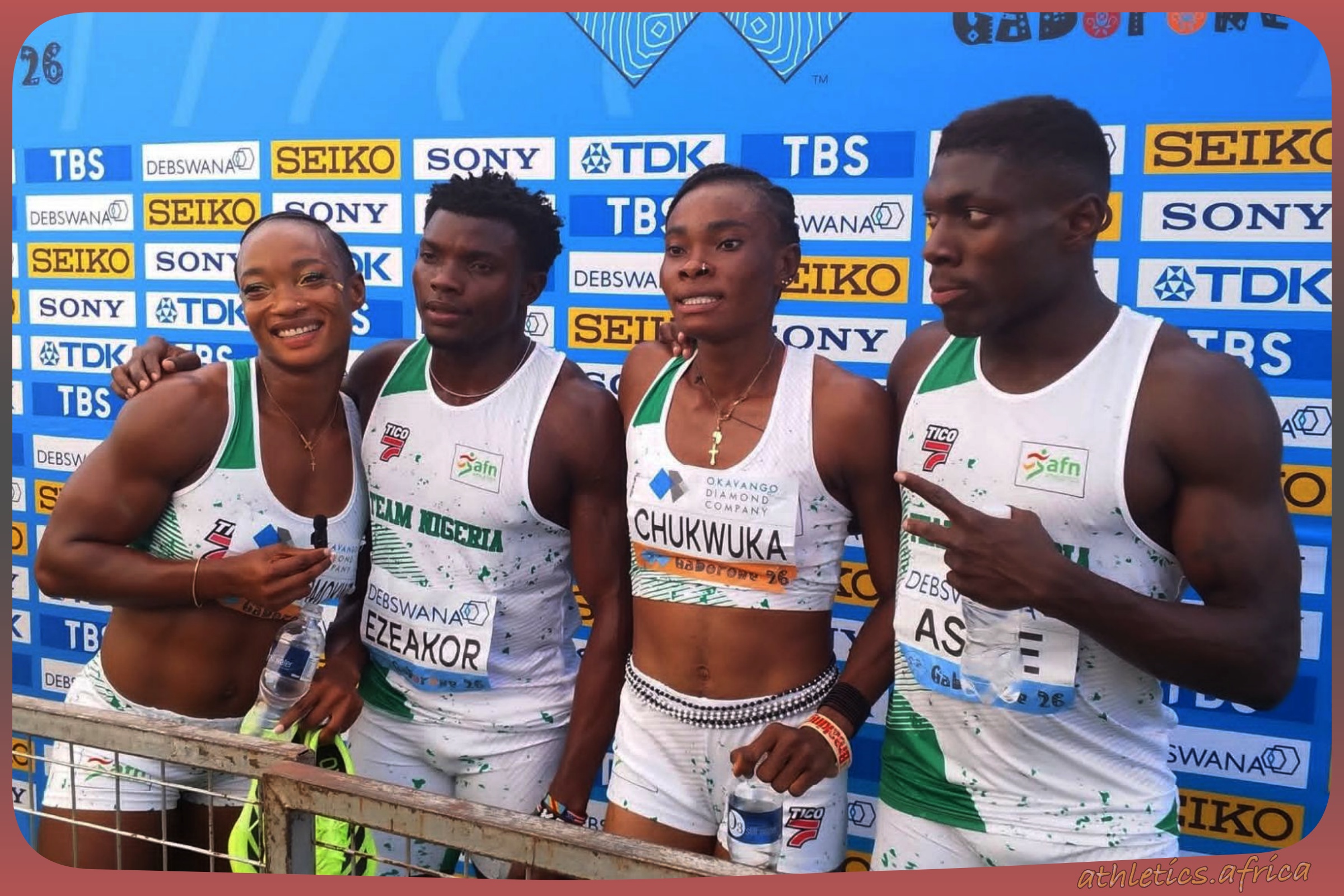 Team Nigeria's Mixed 4x100 Metres Relay quartet after qualification for Budapest 26 Ultimate Championships on Day 2 of the 2026 Debswana World Athletics Relays in Gaborone, Botswana on May 3, 2026 / Photo: First Zeal Media Cast Blog