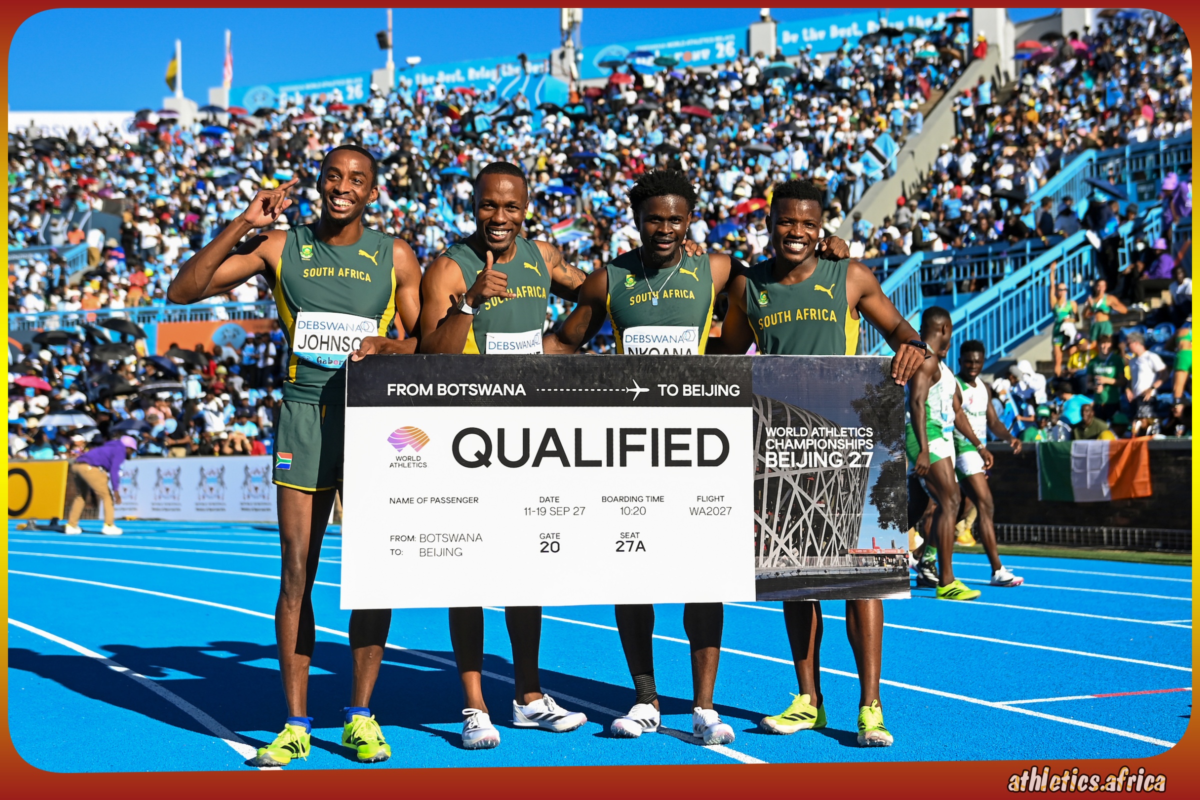 Team South Africa in the Men's 4x100 Metres Relay at the Debswana World Athletics Relays Gaborone 26 on May 2, 2026 in Gaborone, Botswana / Photo credits: Monirul Bhuiyan for World Athletics
