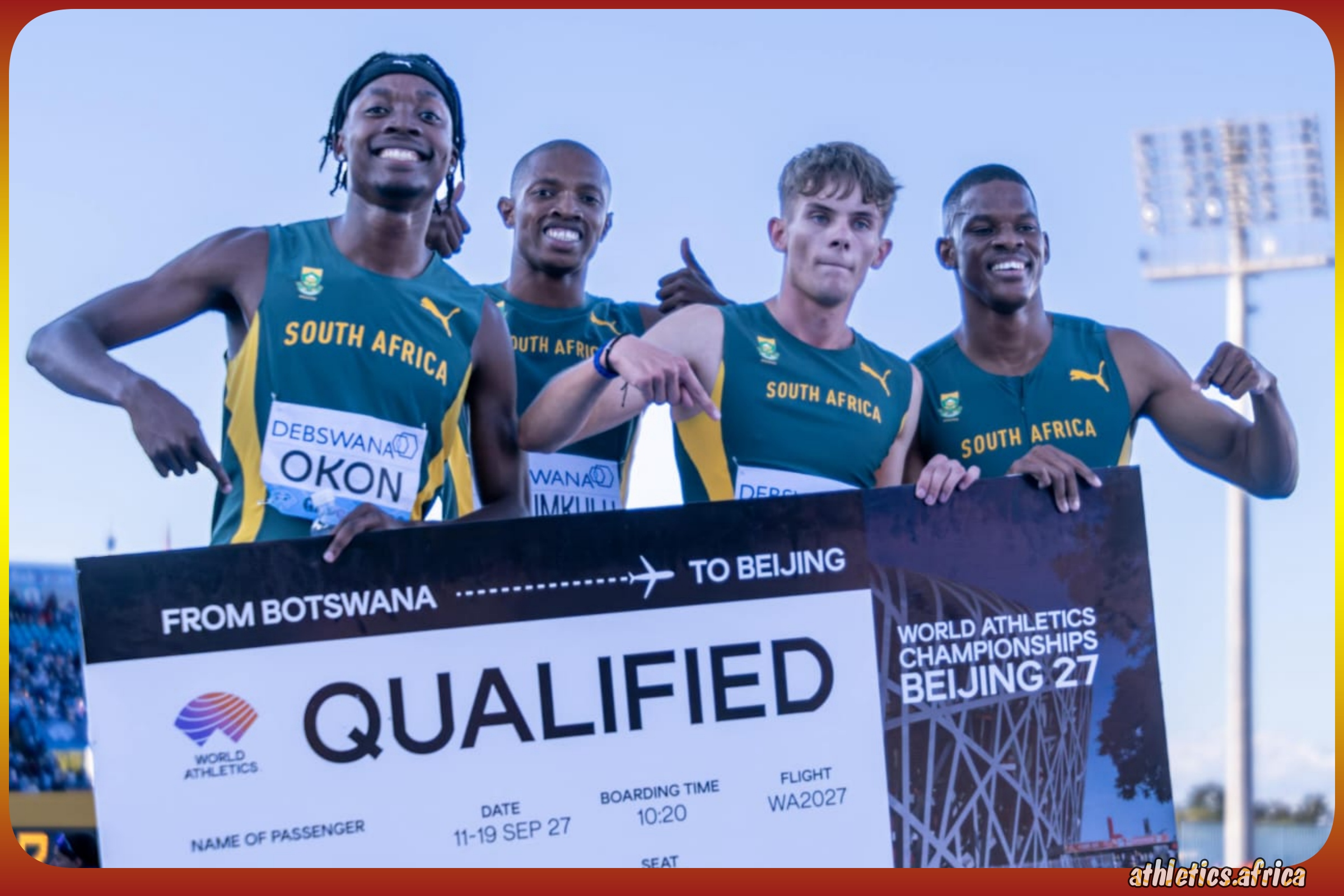 Udeme Okon, Mthi Mthimkhulu, Leendert Koekemoer and Zakithi Nene of South Africa after winning Heat 2 of the Men's 4x400 Metres Relay on Day 1 of the Debswana World Athletics Relays Gaborone 26 in Gaborone, Botswana | Photo credits: Anton Geyser / Athletics South Africa