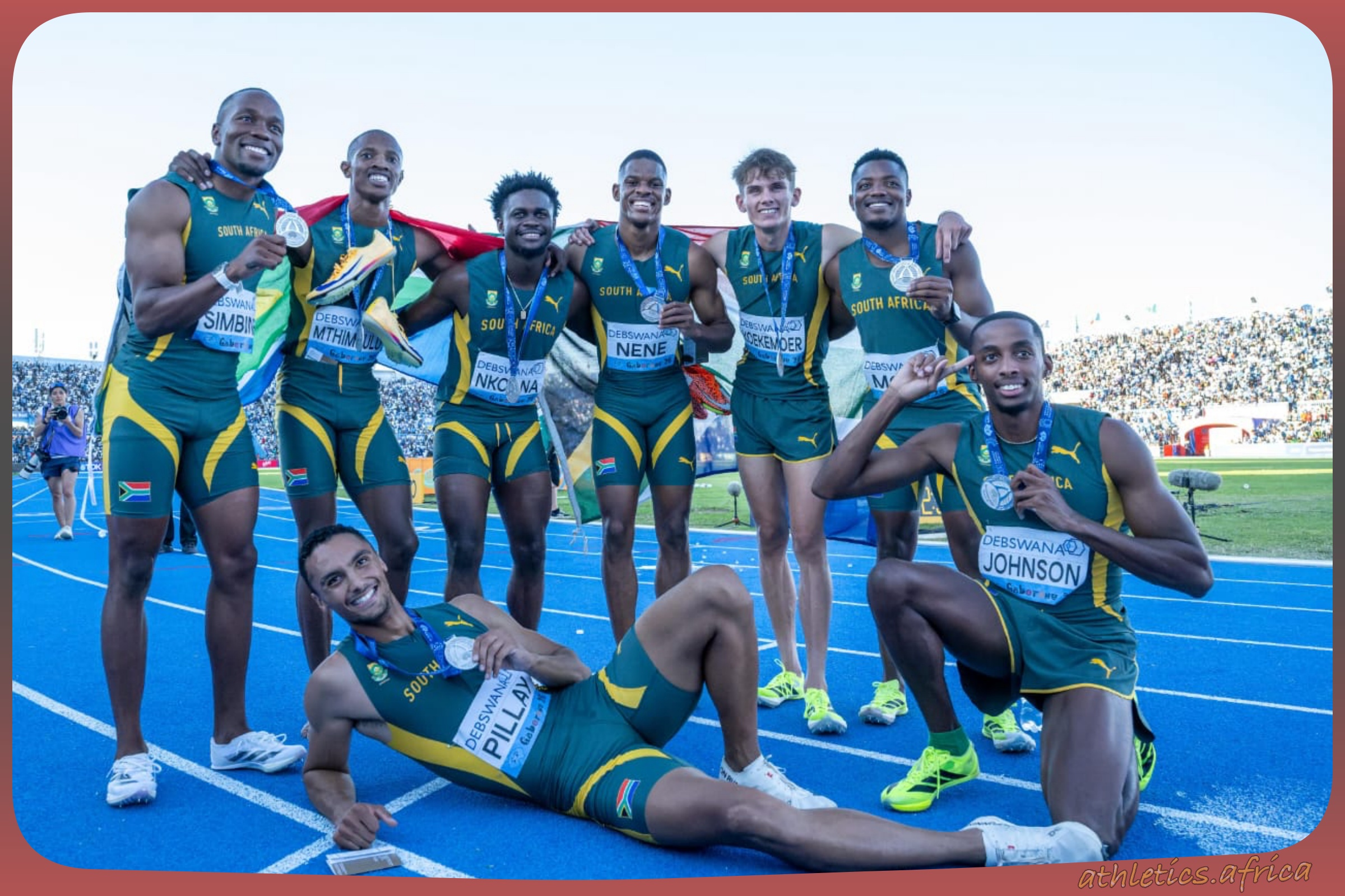 South African Men’s 4x100m and 4x400m Relays Silver medallists on Day 2 of the Debswana World Athletics Relays Gaborone 26 at the Botswana National Stadium in Gaborone, Botswana on May 3, 2026 / Photo credit: Anton Geyser / Athletics South Africa