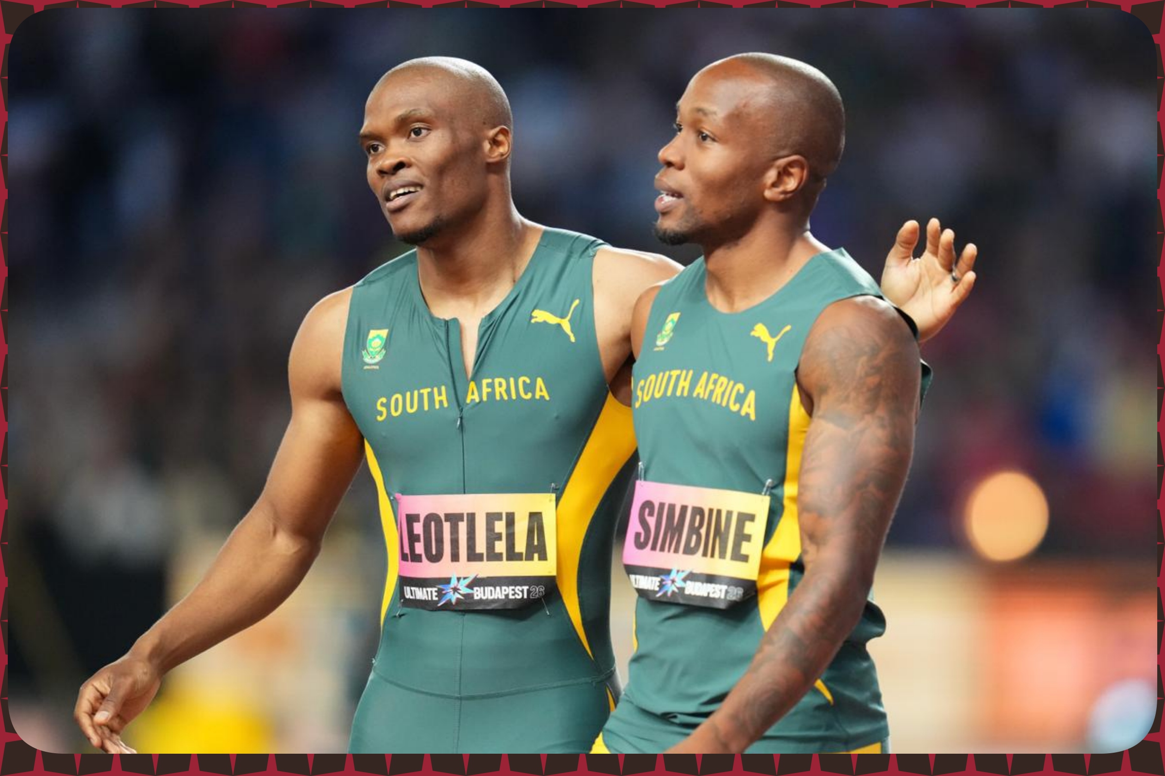 Akani Simbine and Gift Leotlela of South Africa react after the Men's 100m Final at the inaugural World Athletics Ultimate Championship in the Gyula Zsivotzky National Athletics Centre, Budapest, Hungary on 12 September, 2026 / Photo credit: Nic Bothma / Athletics South Africa