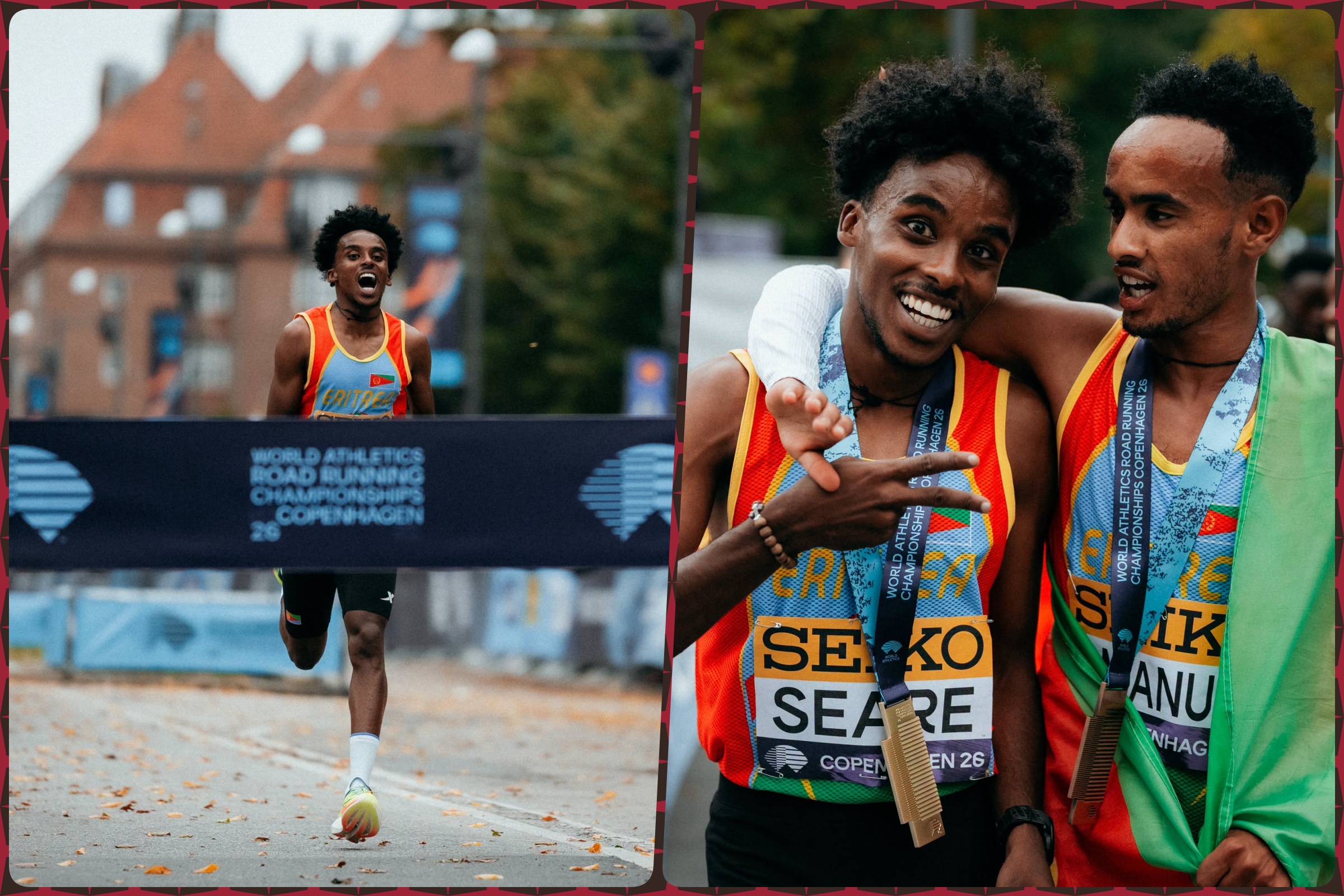 Dawit Seare and Saymon Amanuel of team Eritrea after the Men's 5km Final at the World Athletics Road Running Championships on September 19, 2026 in Copenhagen, Denmark / Photo credit: Gaelle Mobuchon / World Athletics
