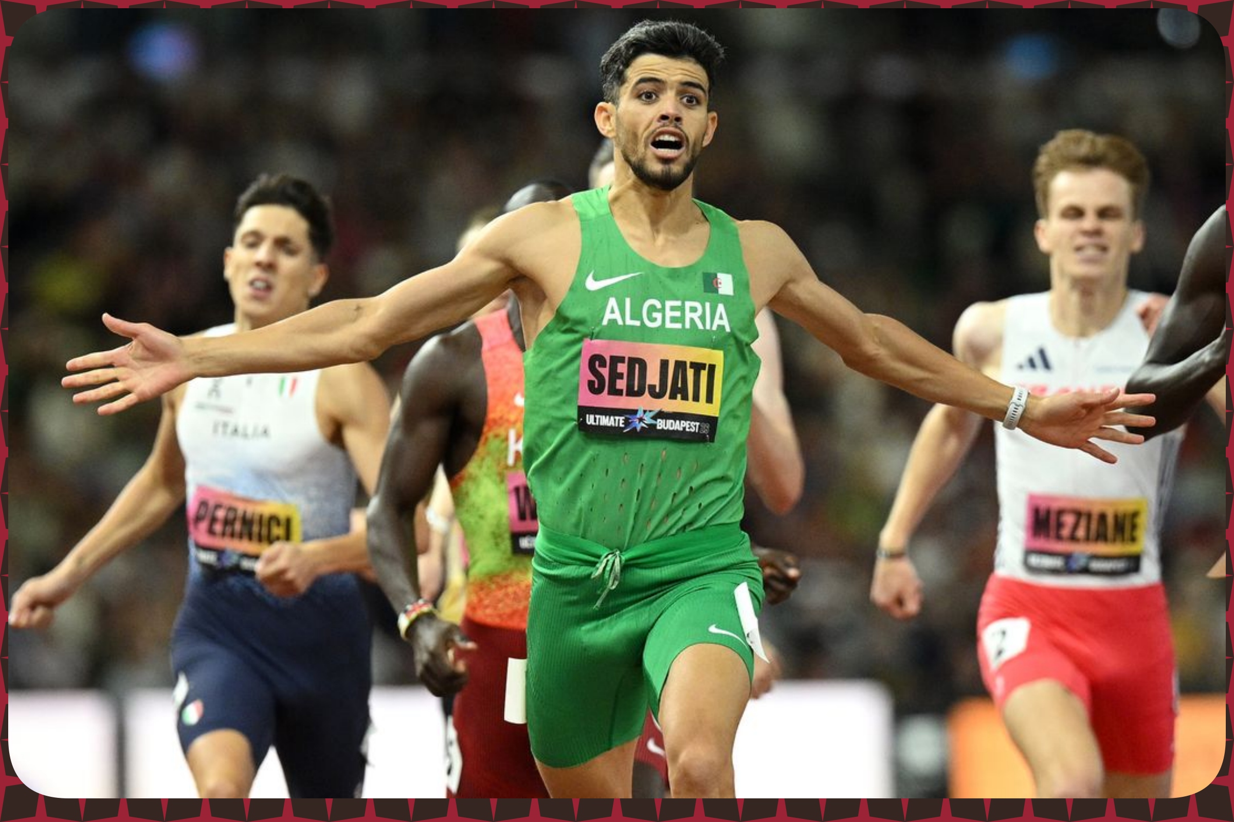 Djamel Sedjati of Algeria reacts as he crosses the finish line to win the Men's 800 Metres Final on Day 3 of the World Athletics Ultimate Championship at National Athletics Centre - September 13, 2026 in Budapest, Hungary / Photo credits: Mattia Ozbot /World Athletics via Getty Images