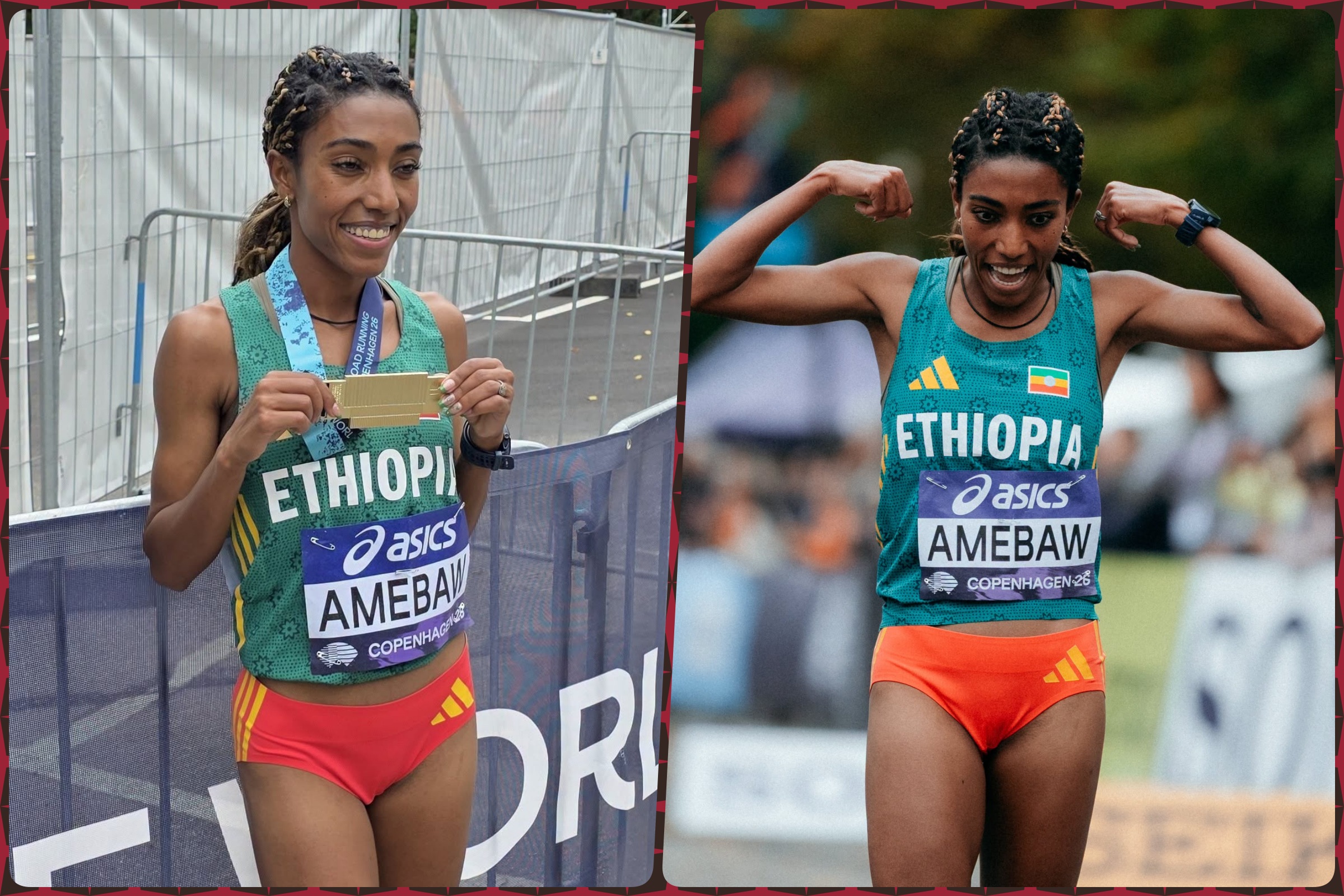 Likina Amebaw of Team Ethiopia celebrates winning the women's 5km at the World Athletics Road Running Championships in Copenhagen, Denmark on September 19, 2026 / Photo credit: Ethiopian Athletics Federation