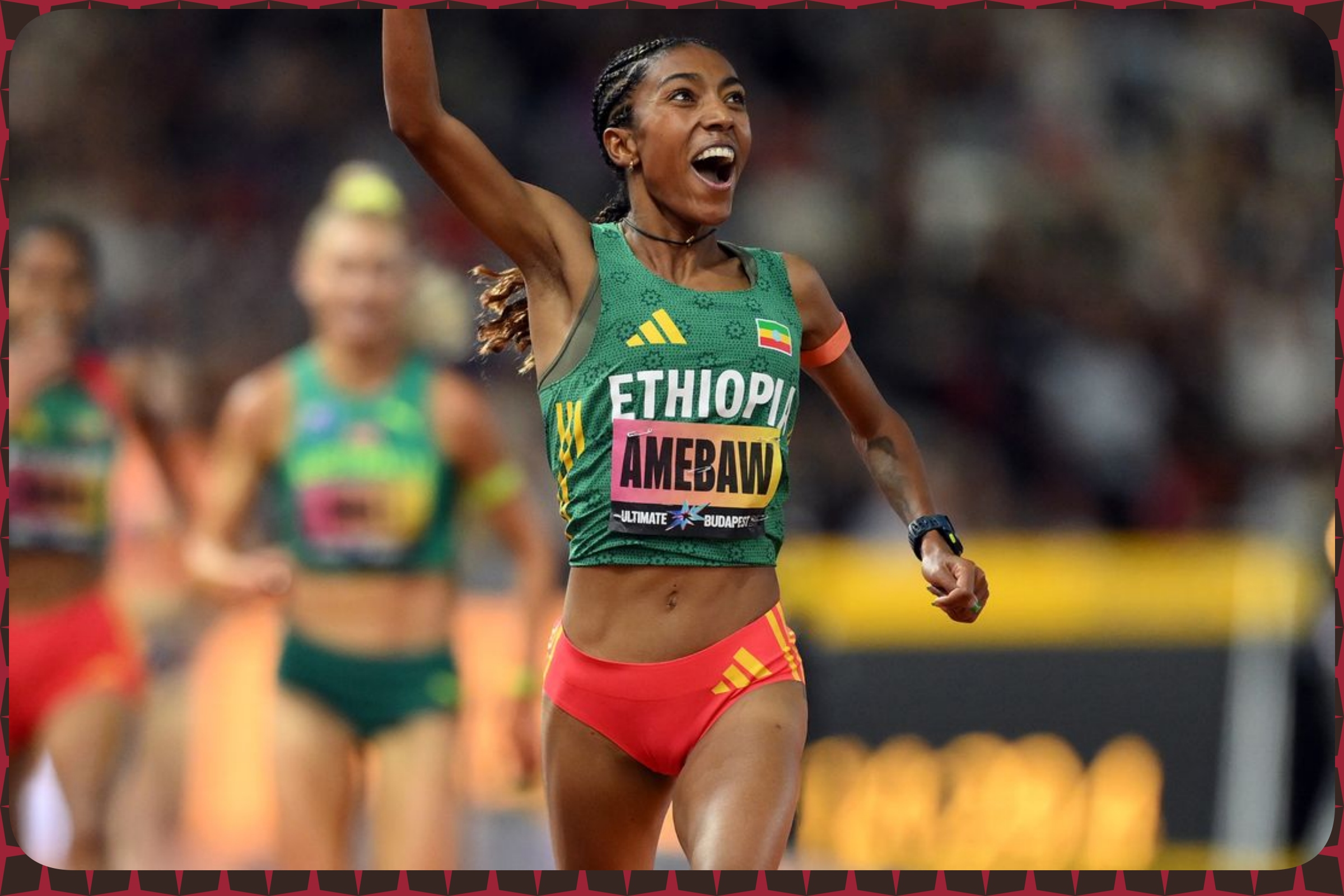 Likina Amebaw of Ethiopia reacts as she crosses the finish line to win the Women's 5000 Metres Final on Day 3 of the World Athletics Ultimate Championship on September 13, 2026 in Budapest, Hungary / Photo credits: Mattia Ozbot / World Athletics via Getty Images